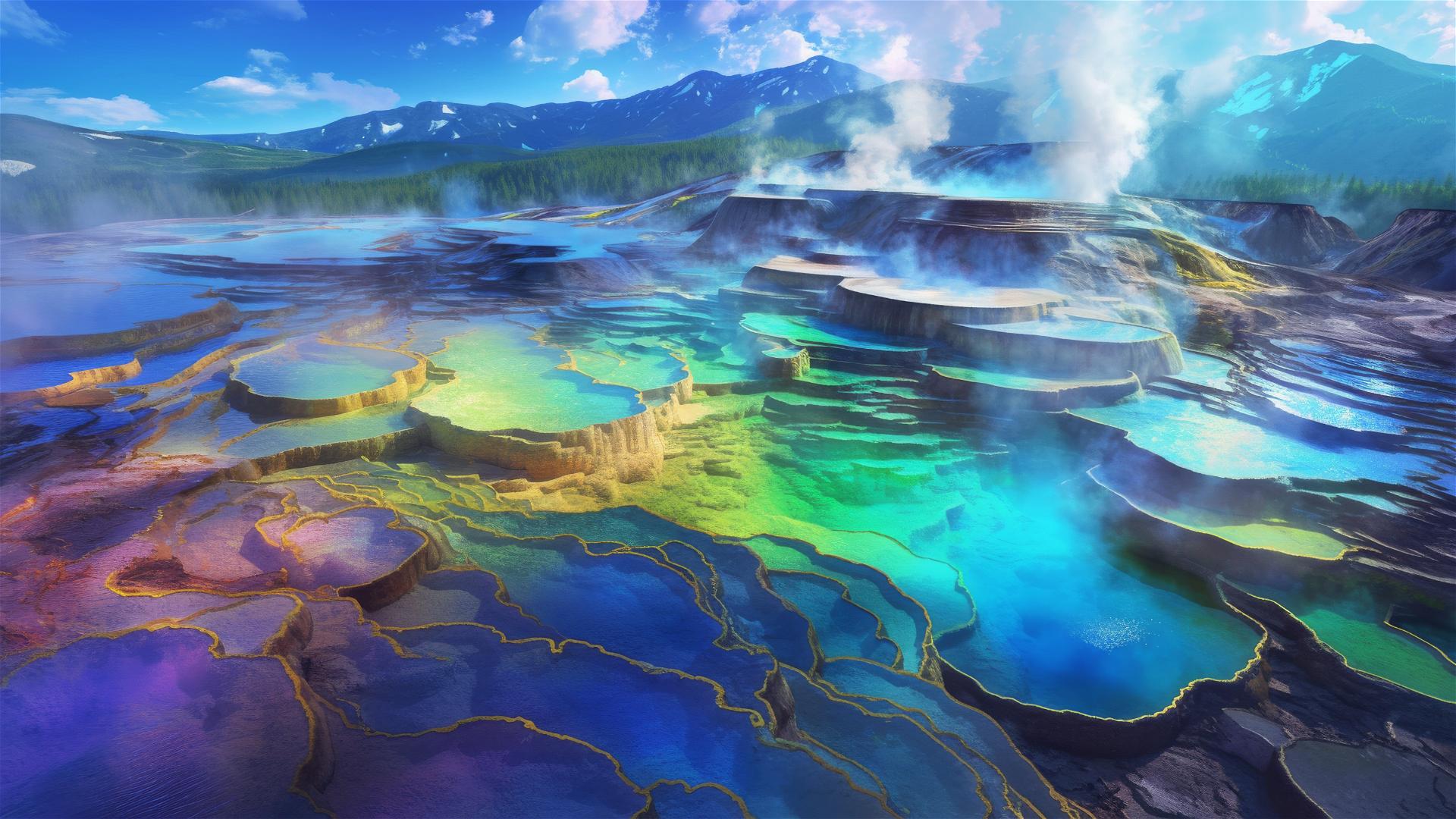 Vividly colored mineral-rich thermal springs with steaming water