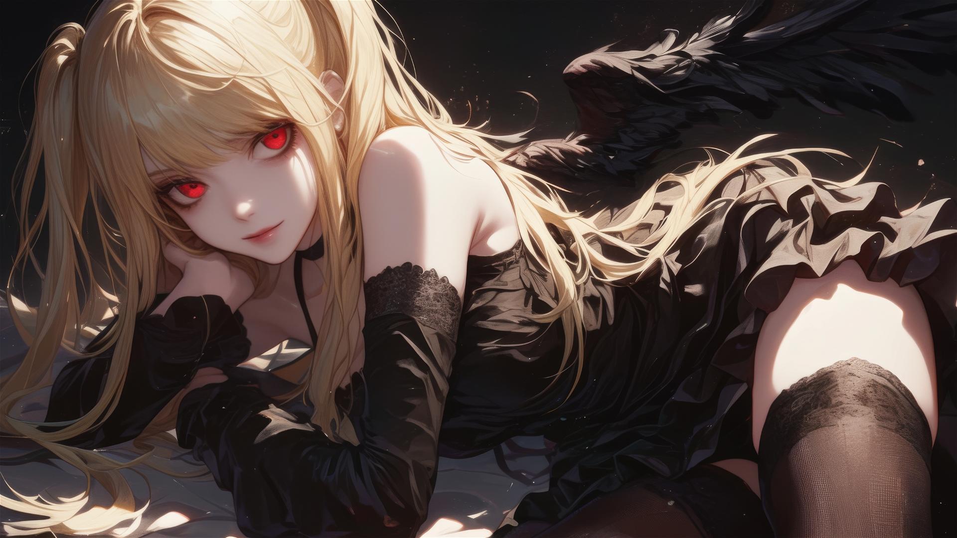 Misa Amane with red eyes in dynamic pose on dark background