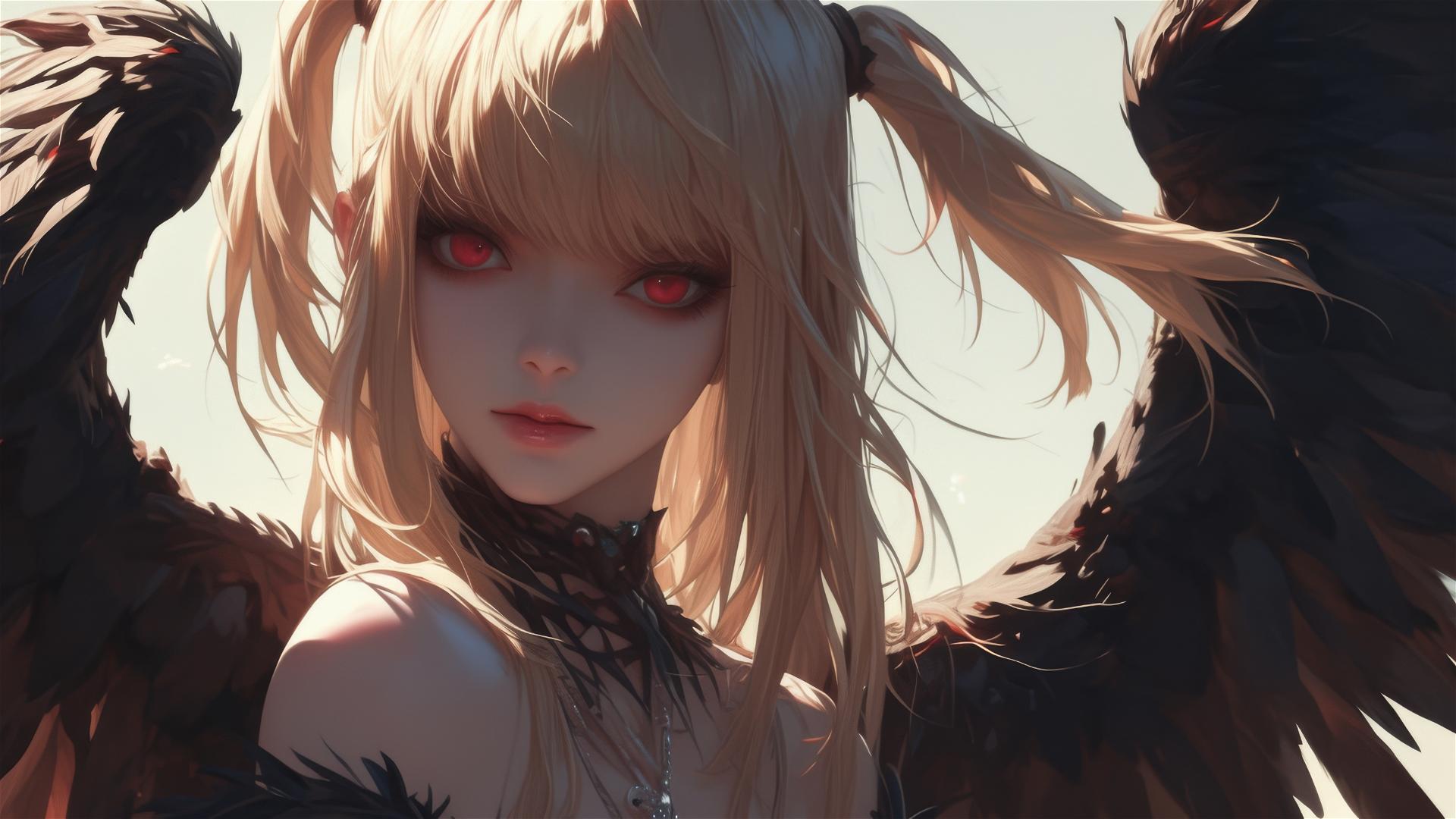 Misa Amane from Death Note posing serenely on a shaded background, with red eyes highlighted in a soft spotlight