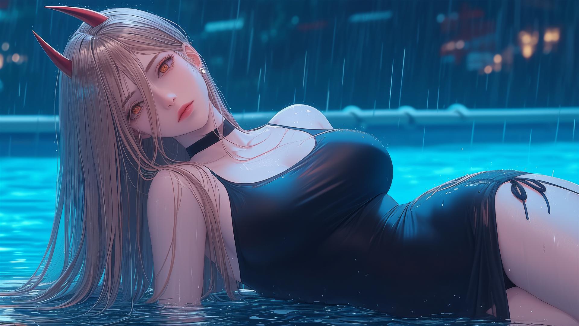 Power from Chainsaw Man, blond with red horns, in black dress by rainy pool