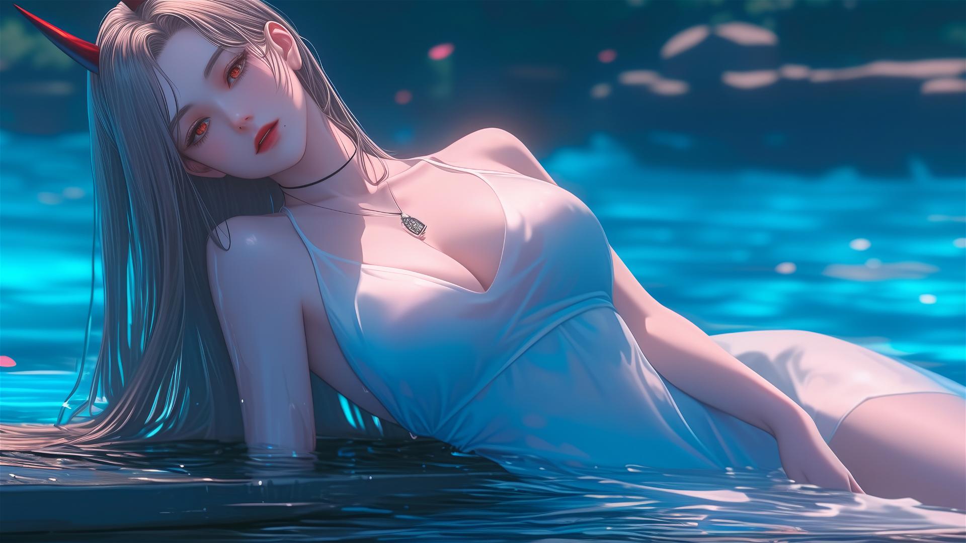 Power from Chainsaw Man in white dress at rainy pool, dynamic pose with light red horns