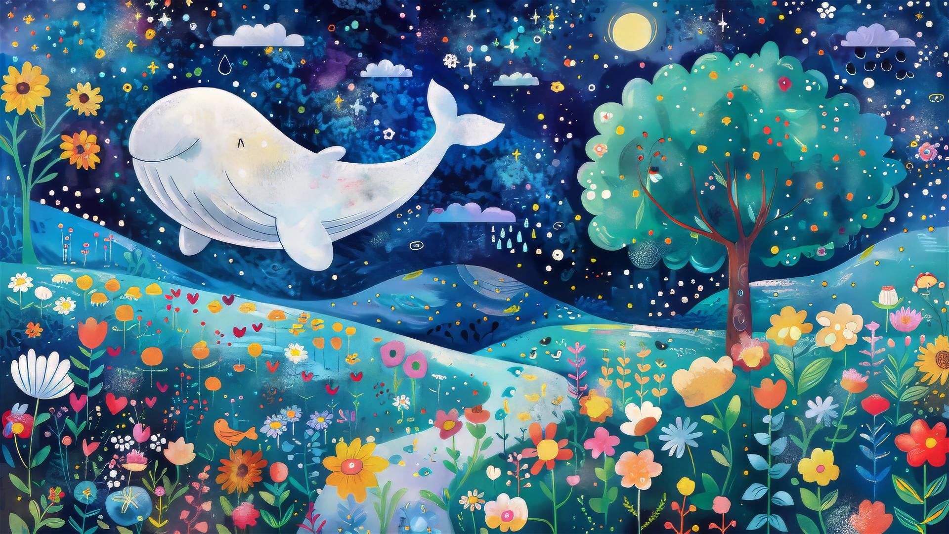 Illustration of a white whale swimming in a night sky with stars, over a colourful landscape painting with raindrops, blooming flowers, tall tree with sunflowers and fruits.