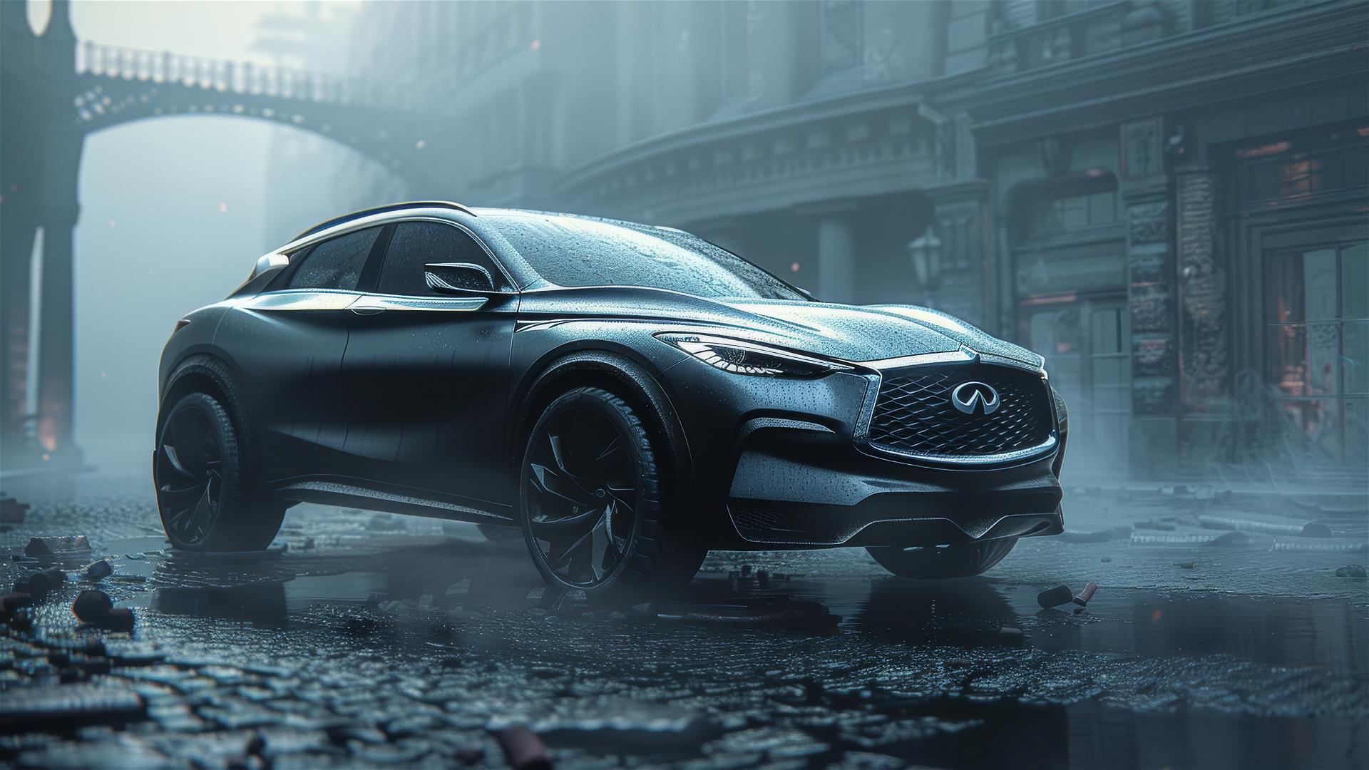 Gothic gloomy Infiniti QX30 in dim lighting under 8k smooth closeup view in foggy environment, showcasing its photorealistic appearance