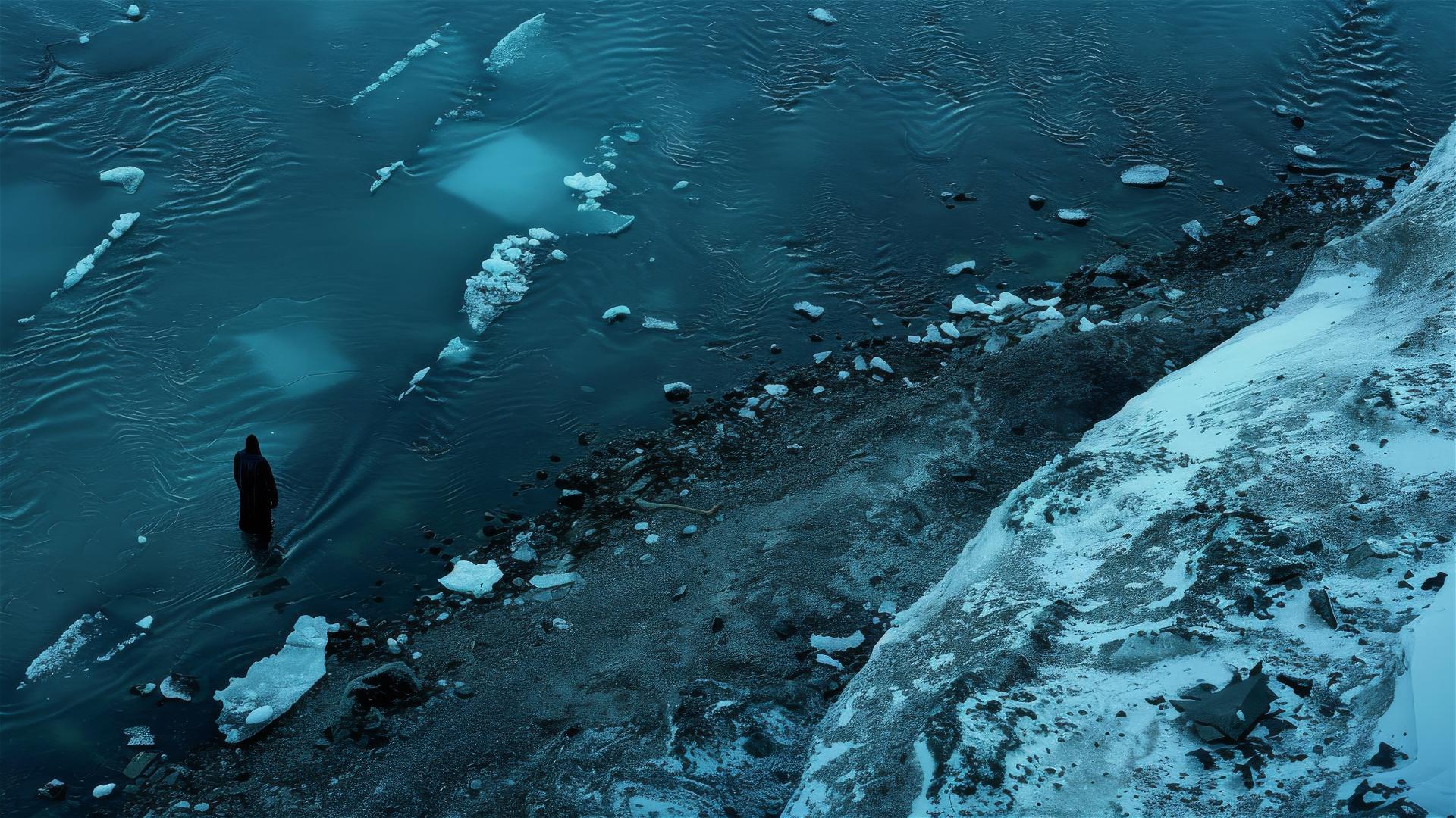 Aerial view of dark figure in Antarctica conveying loneliness and stillness