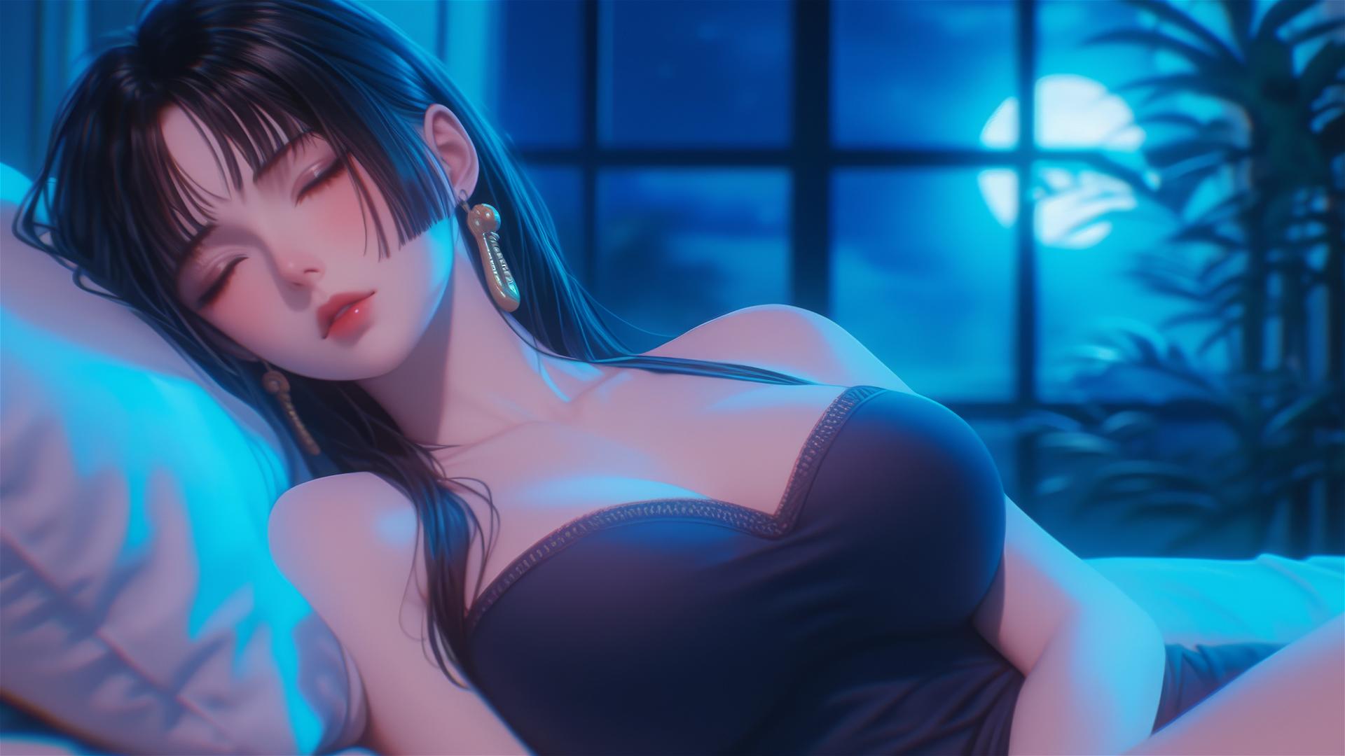 Boa Hancock from One Piece resting in apartment lit by moonlight, short hair.