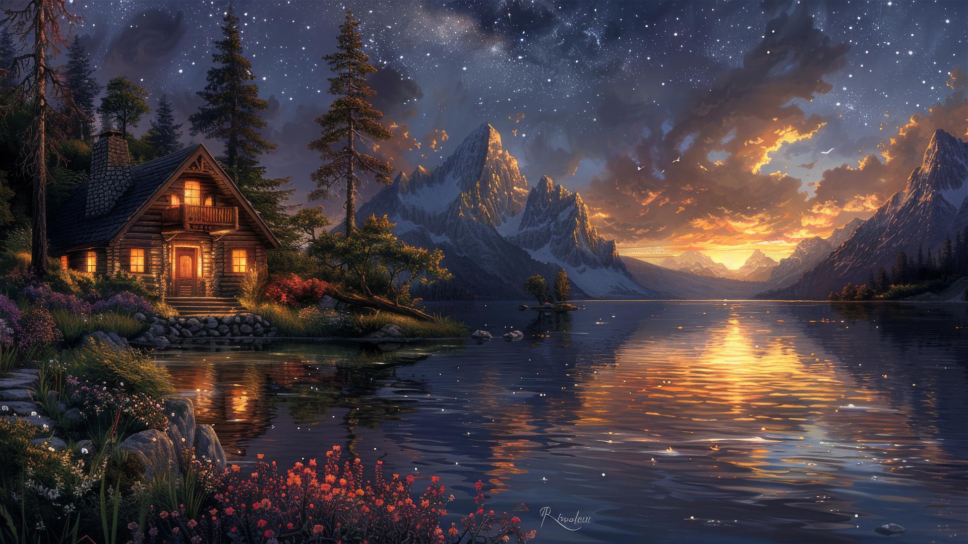 Art painting of a cozy cabin by a floral lake under a starry sky.