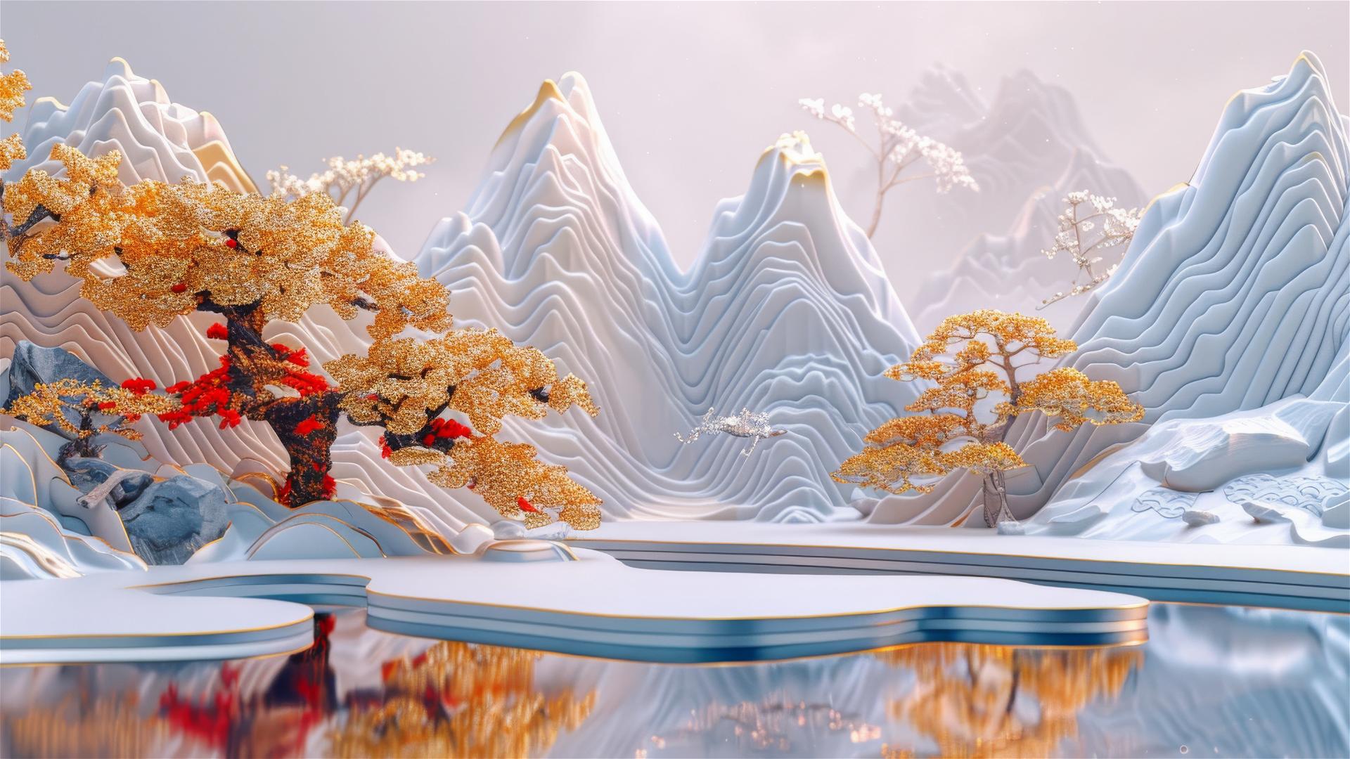 3D Asian painting with golden mountains, bonsai trees, paper carving style