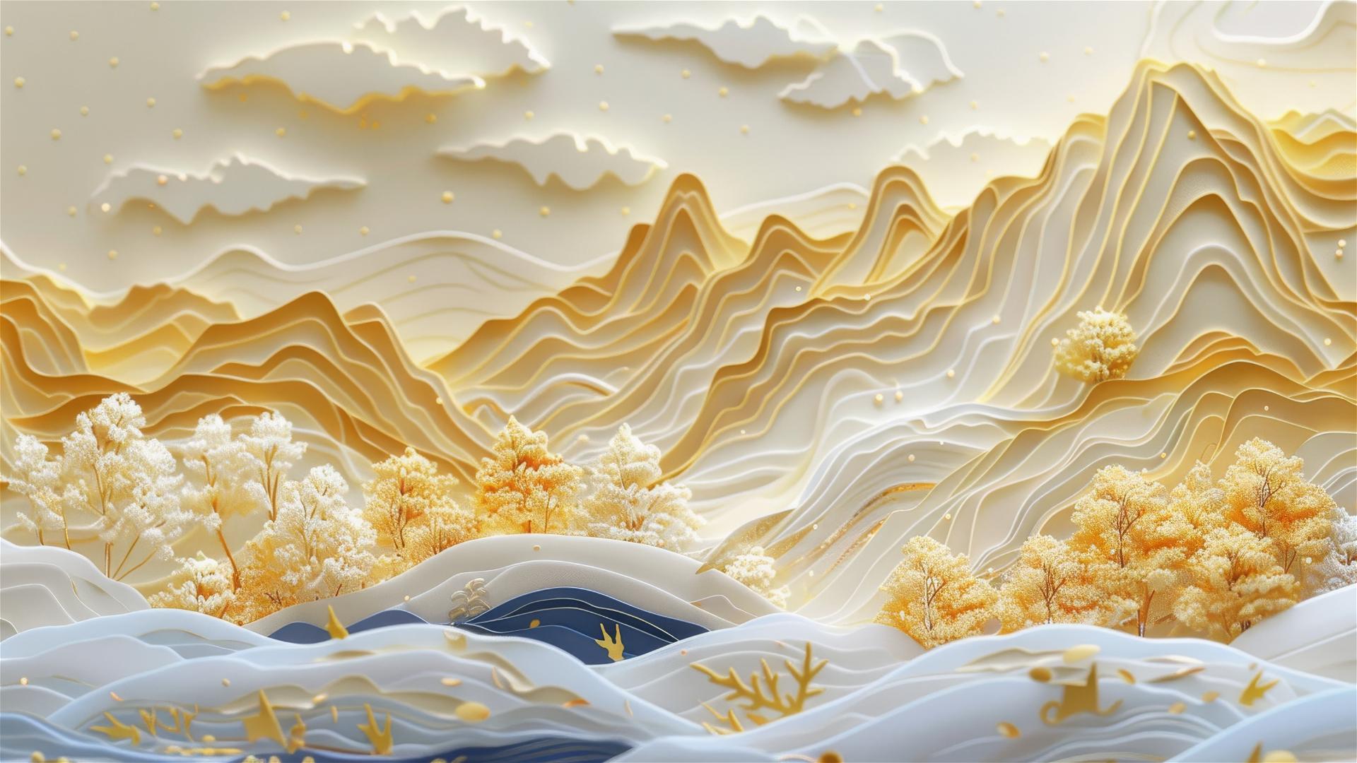3D Asian painting of golden mountains, autumn maple forest, paper carving style
