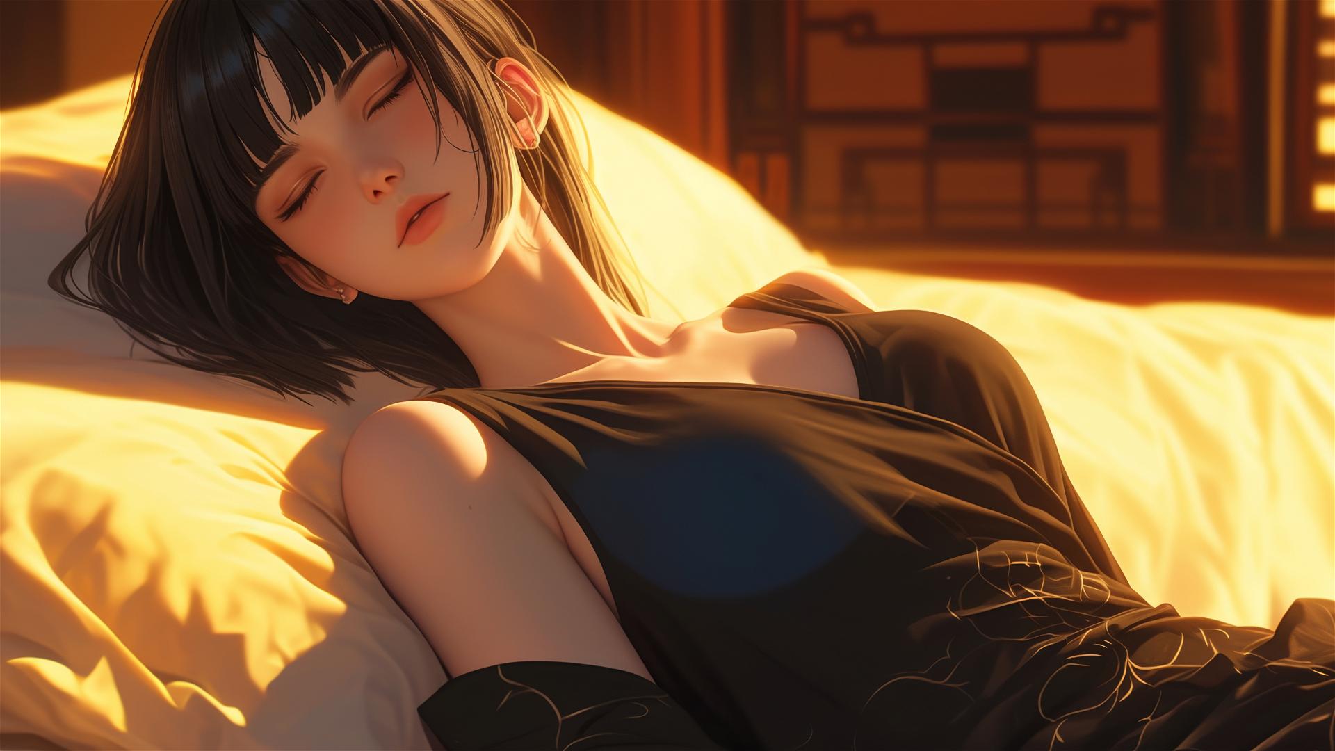 Hinata Hyuga resting at a modern hotel with warm light glow.