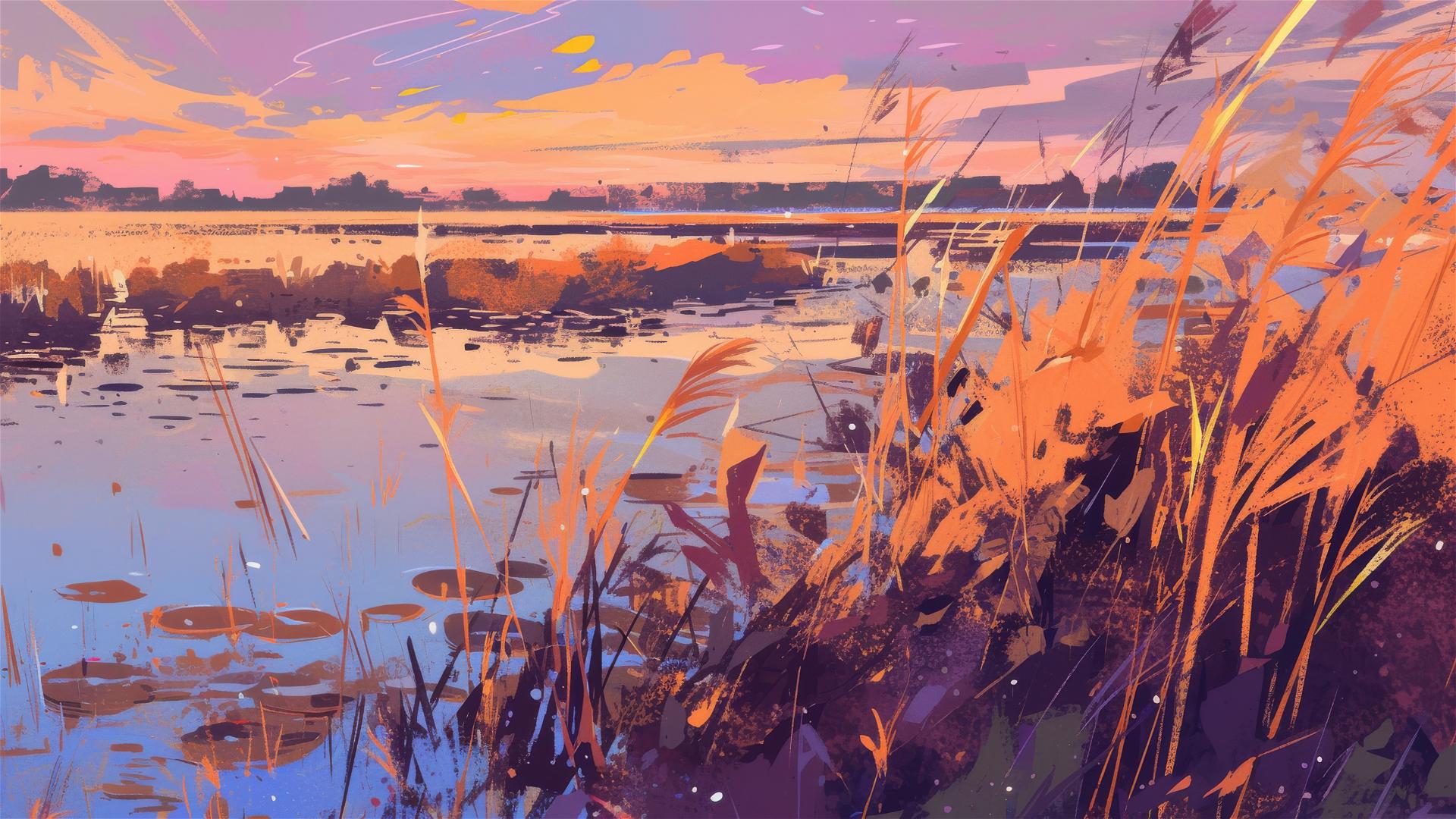 Wetlands at sunset with pink and orange water reflections
