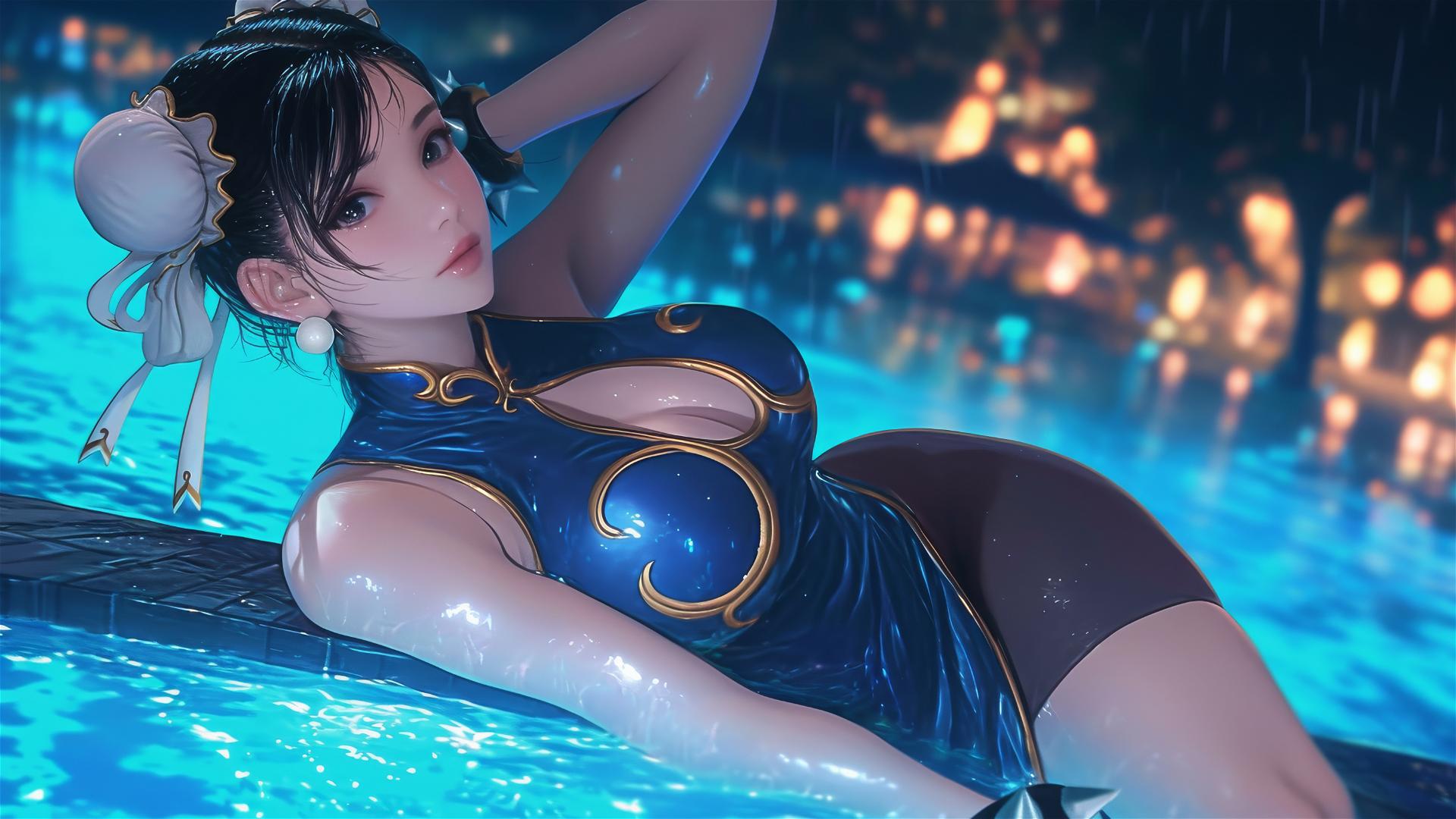 Chun Li resting by a rainy pool under moonlight