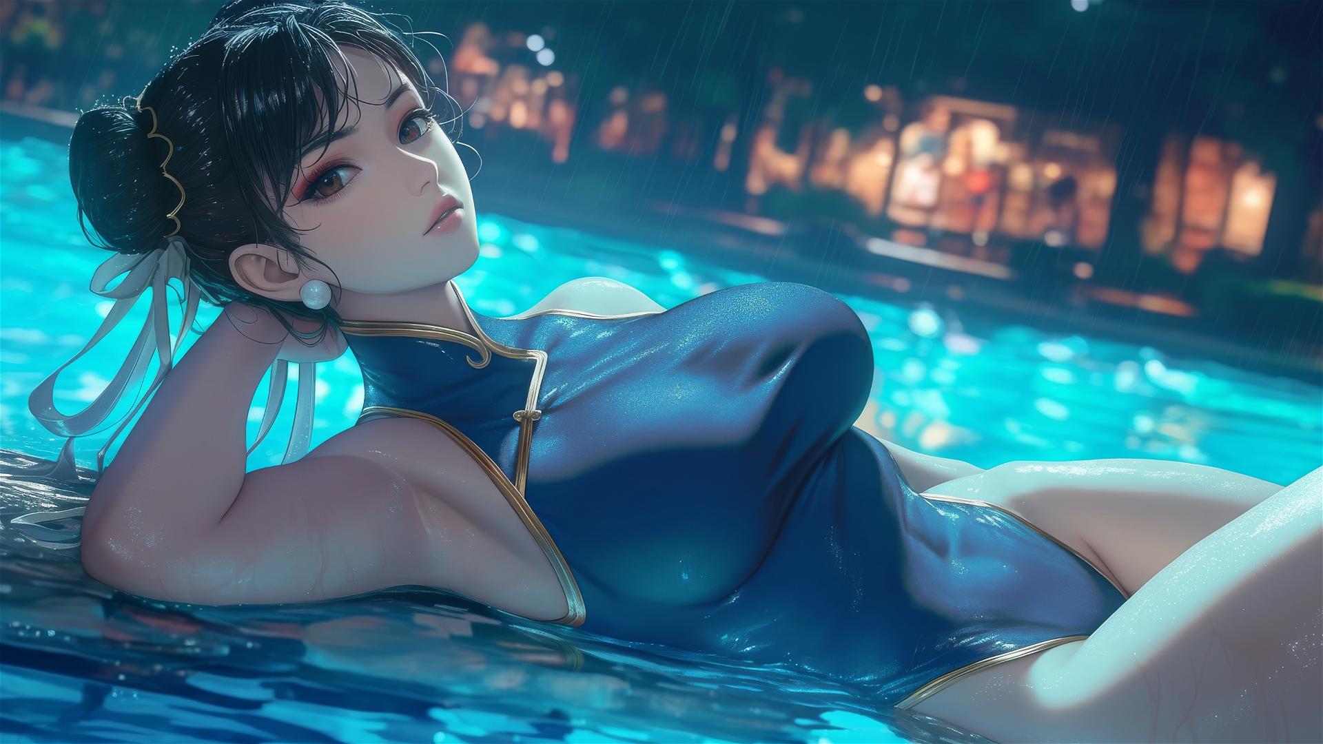 Chun Li resting at a rainy swimming pool with moonlight glow