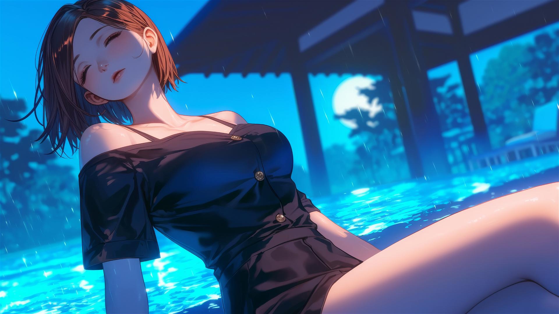Nobara Kugisaki from Jujutsu Kaisen resting by a rainy pool under moonlight