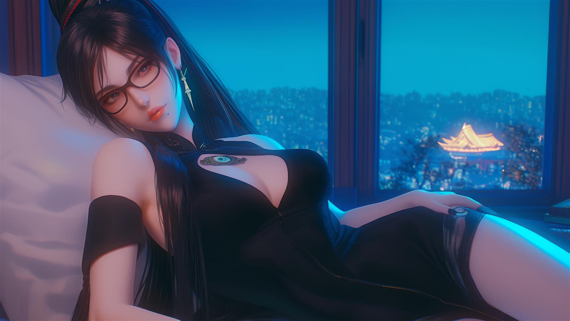 Bayonetta resting in a modern hotel room under moonlight glow