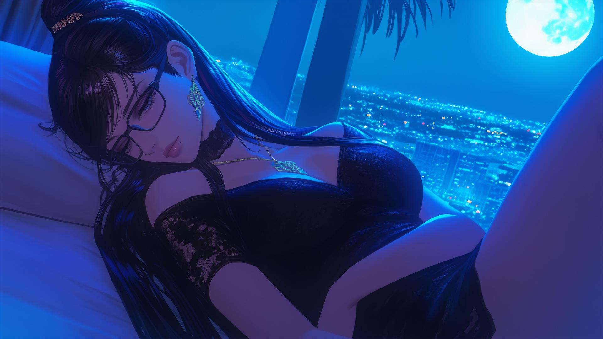 Bayonetta resting in a modern hotel room with moonlight glow