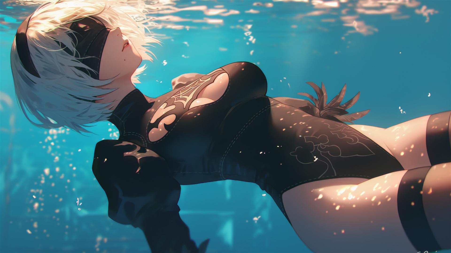 2B from Nier lounging by a rainy swimming pool with moonlight glow