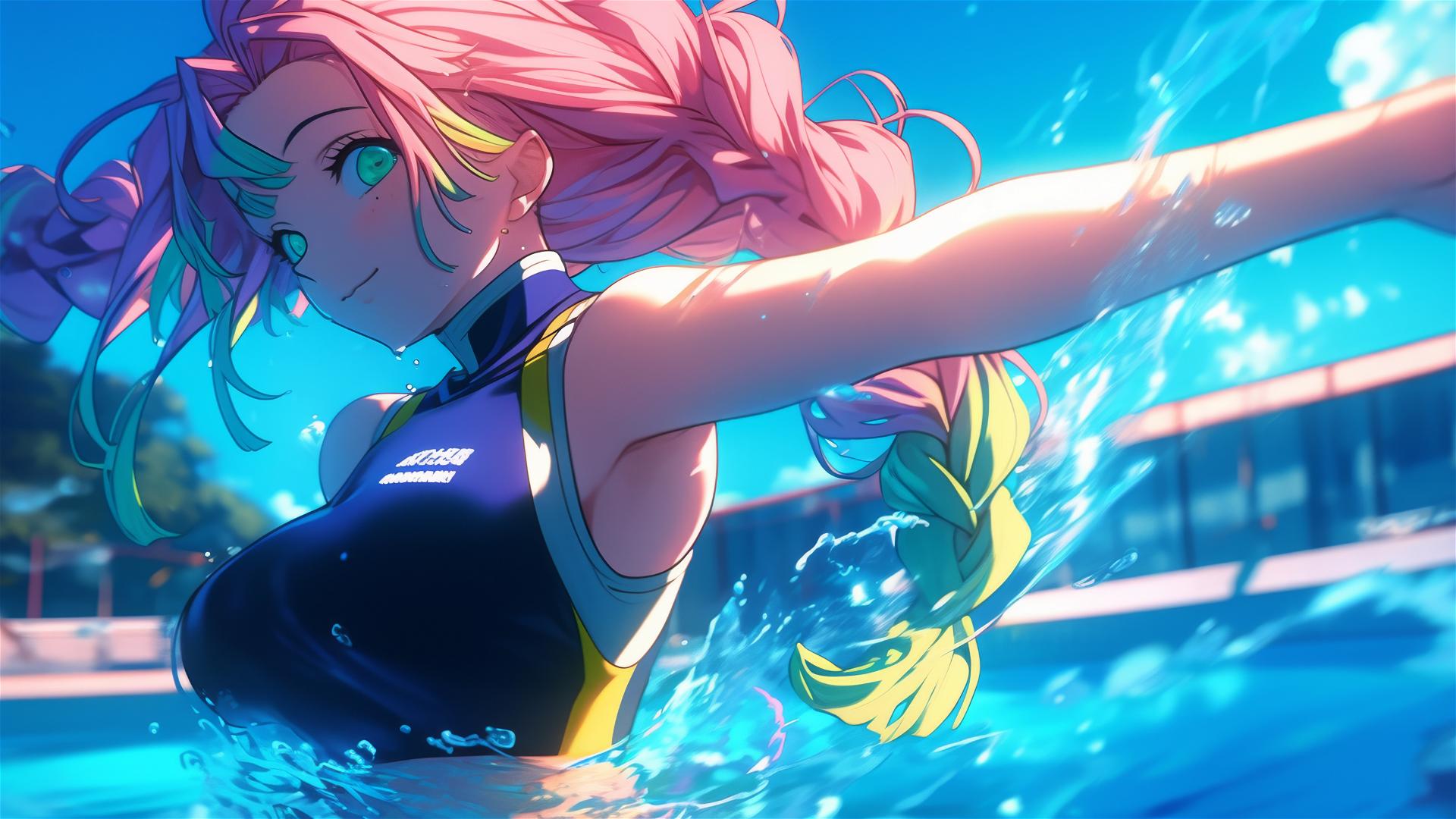 Mitsuri Kanroji from Demon Slayer jumps out of a swimming pool with moonlight casting a soft glow on her light pink and lime green hair.