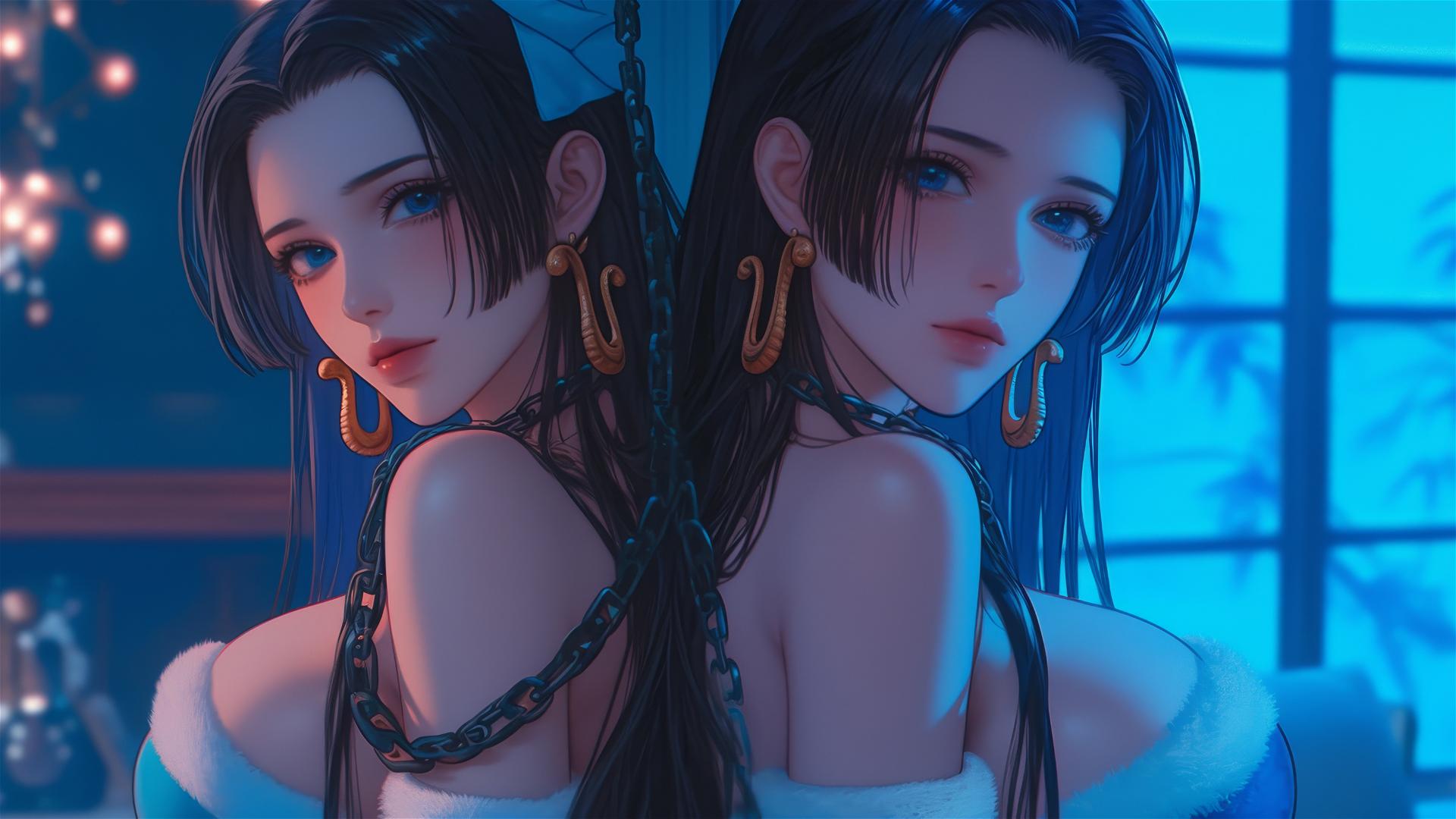 Boa Hancock from One Piece in Christmas costume, chained, neon light in hotel room