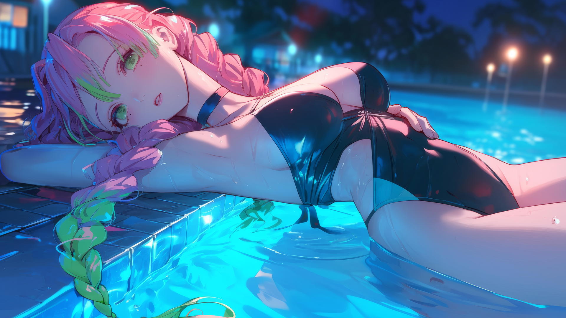 Mitsuri Kanroji from Demon Slayer relaxing by a rainy swimming pool under moonlight
