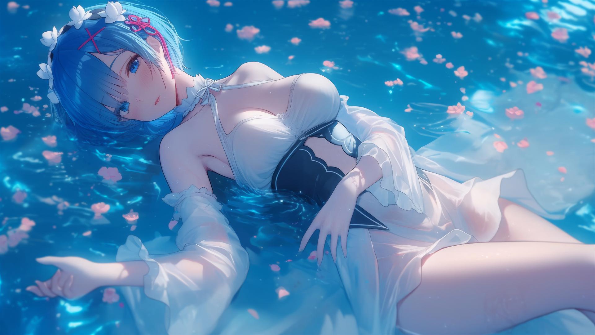Rem from Re:Zero rests by a swimming pool under moonlight