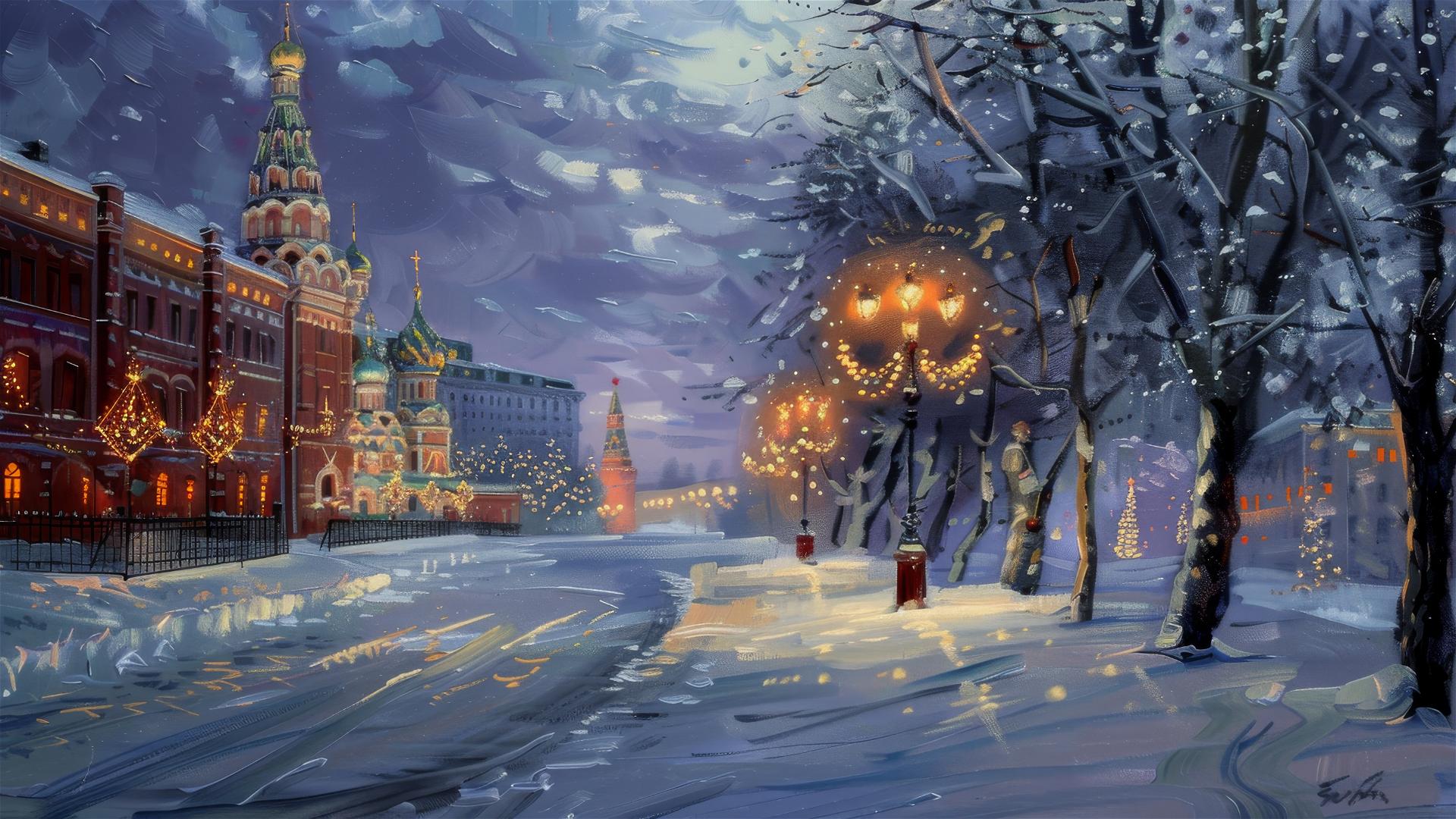 Moscow winter evening with garlands