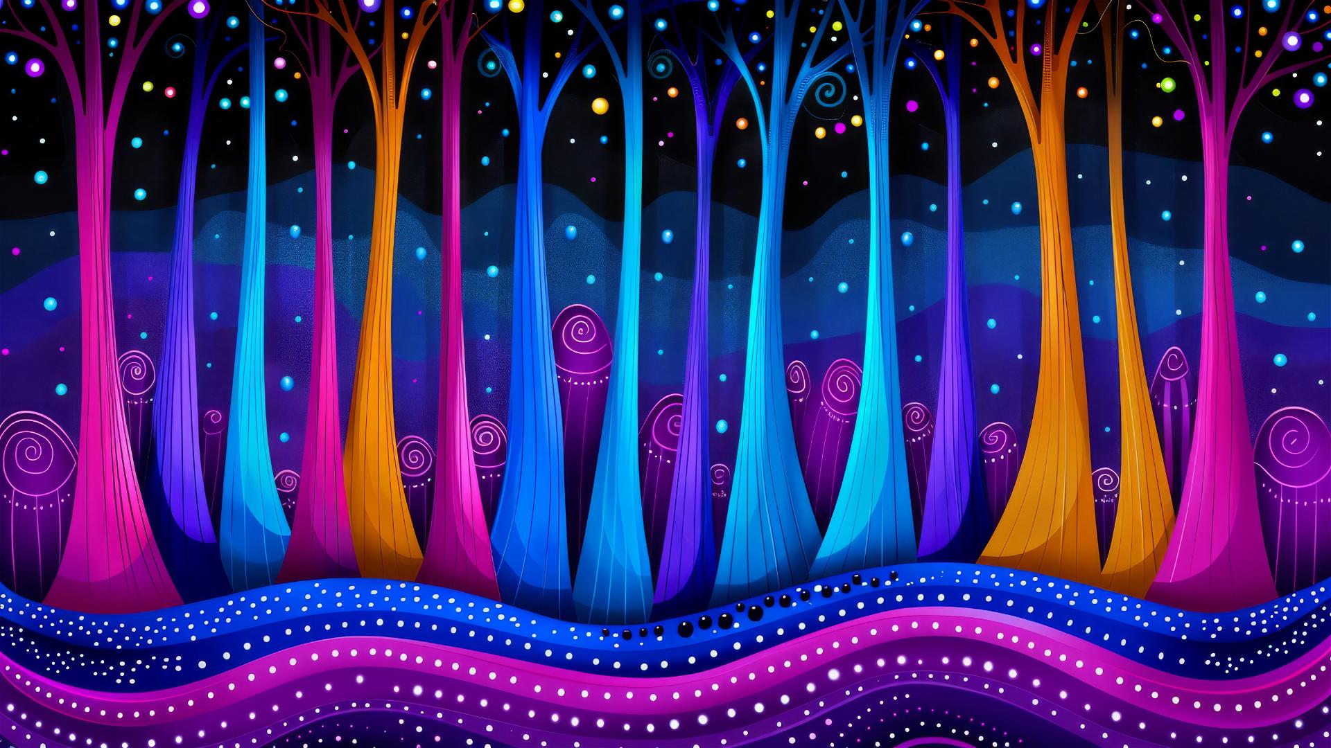 Gustave Klimt inspired autumn forest scene with hidden creatures under a starry sunset sky