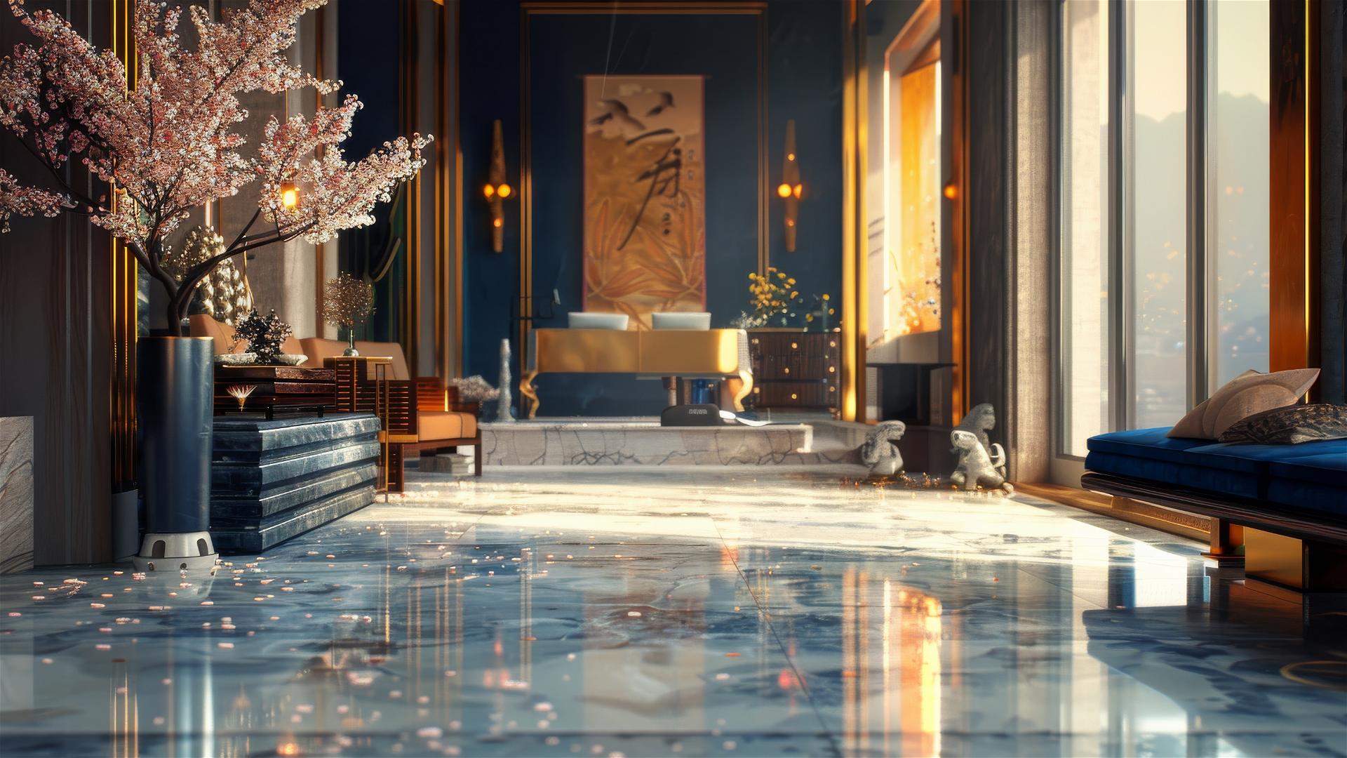 Modern blue-gold luxury villa with natural light and Japanese interior design