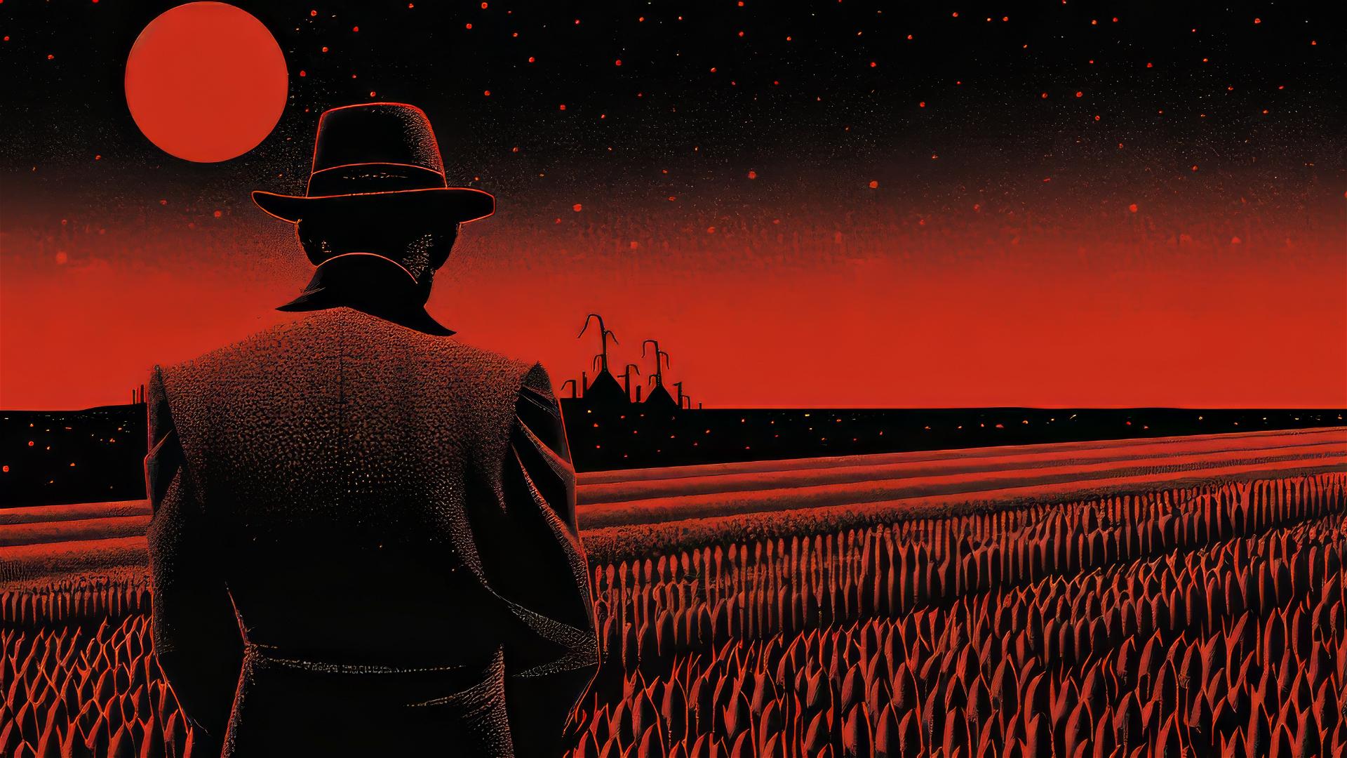 Surreal comic style man in hat watching over dark corn field