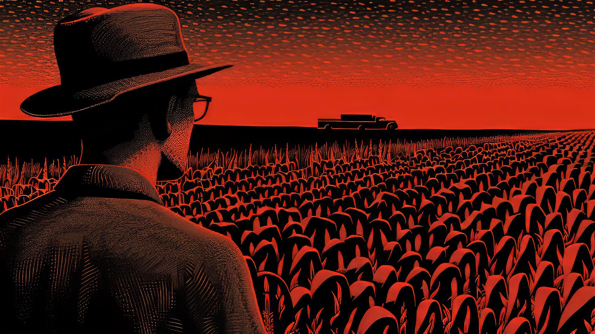 Man in hat observing corn field with surreal, dark comic style