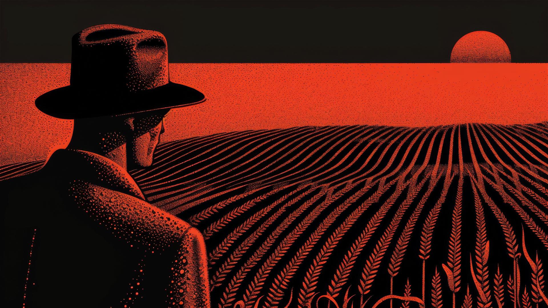 Surrealistic comic art of a man in hat gazing at a dark corn field