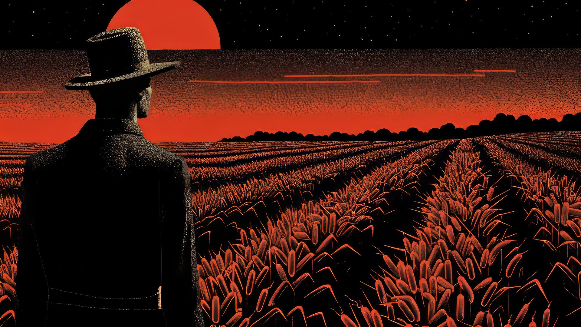 Man with hat gazing at a cornfield in surreal, comic-style art with a dark aesthetic