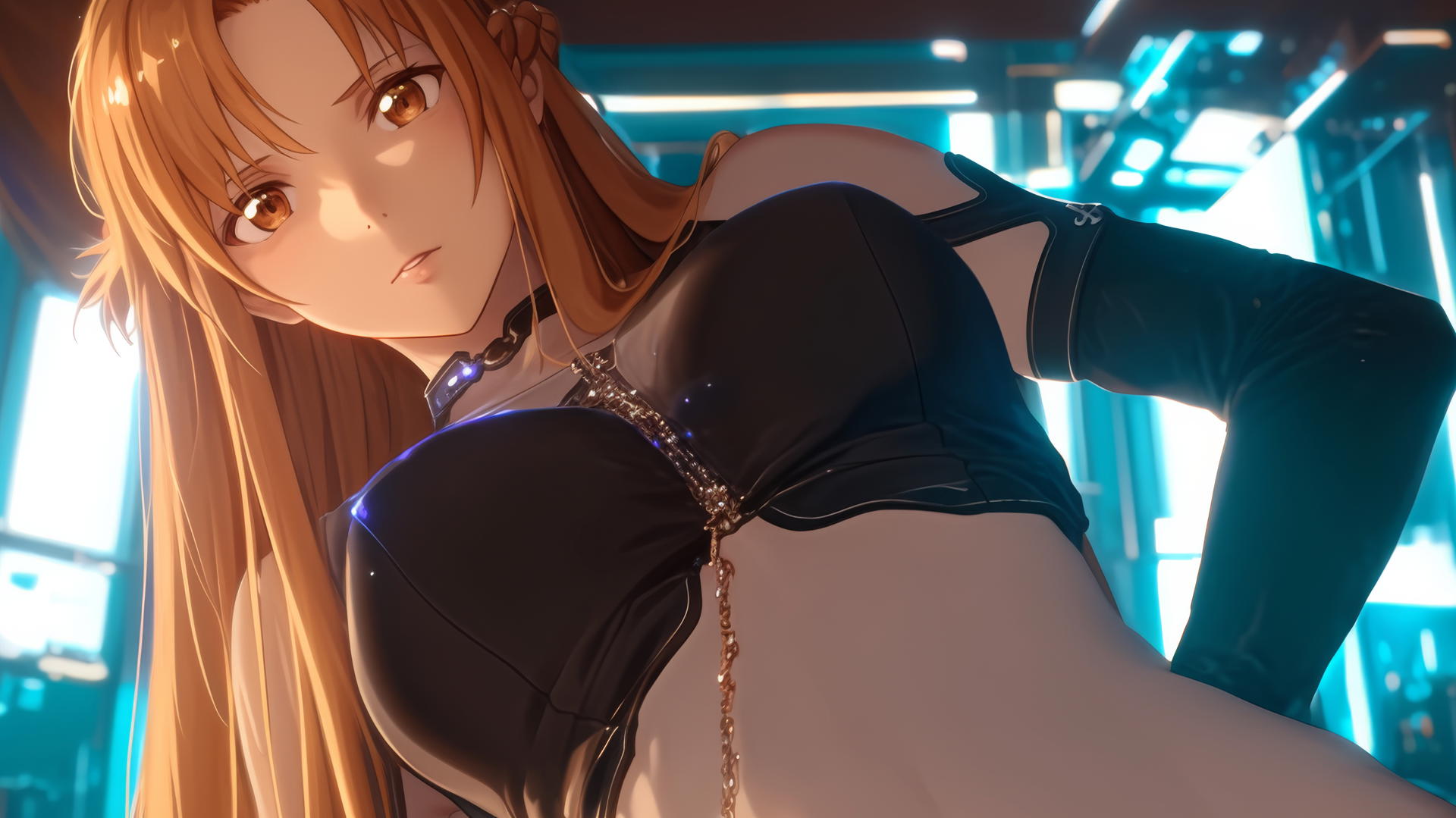 Asuna from Sword Art Online in leather, kneeling, with hotel ceiling behind her.
