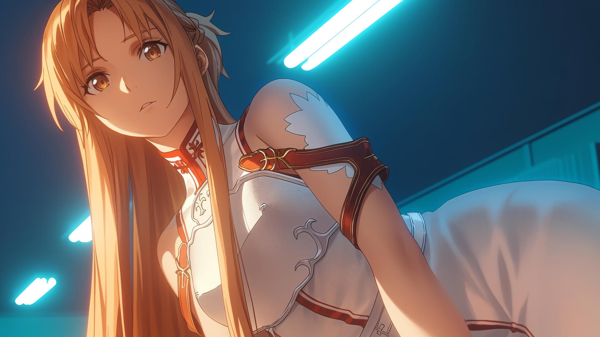 Asuna from Sword Art Online, seen from below with hotel ceiling background, neon light casting glow