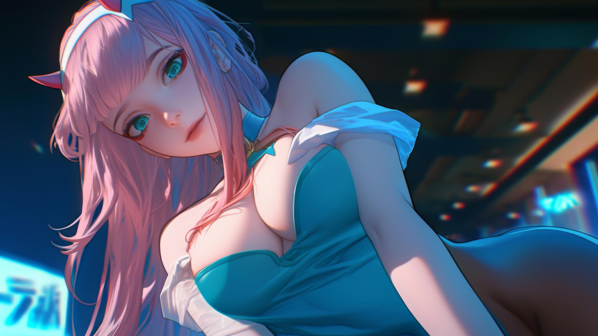Zero Two from DARLING in the FRANXX, seen from below with long pink hair and a hotel ceiling background
