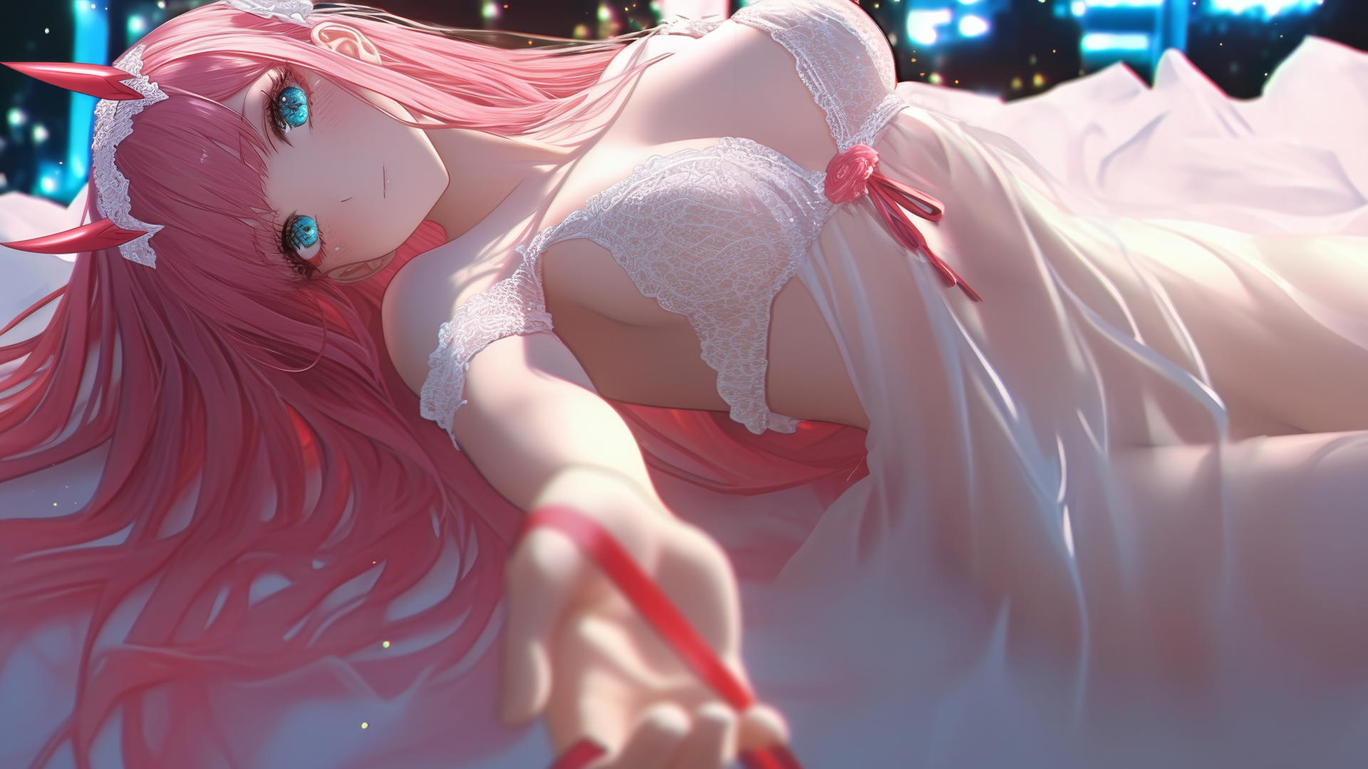 Zero Two from DARLING in the FRANXX kneeling in wedding dress with neon-lit hotel ceiling