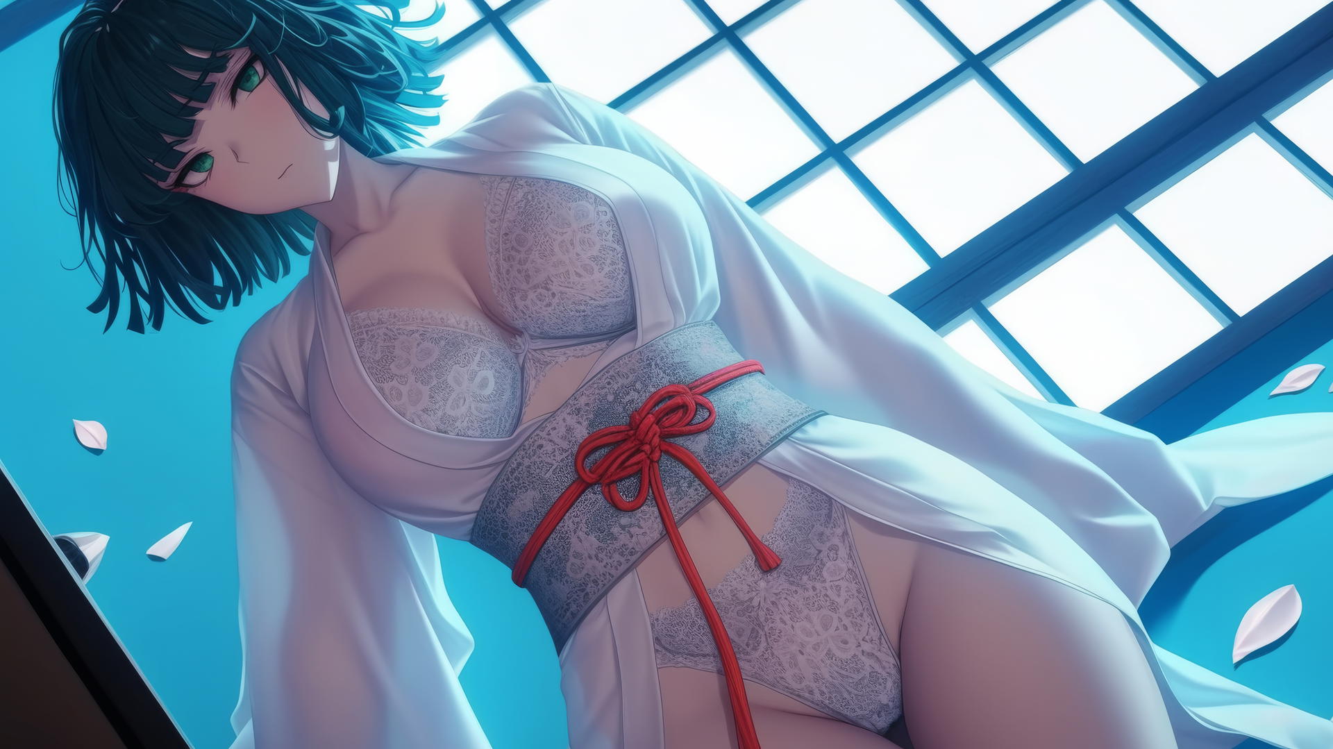 Fubuki in a kimono kneeling, looking down, soft glow on muscular figure