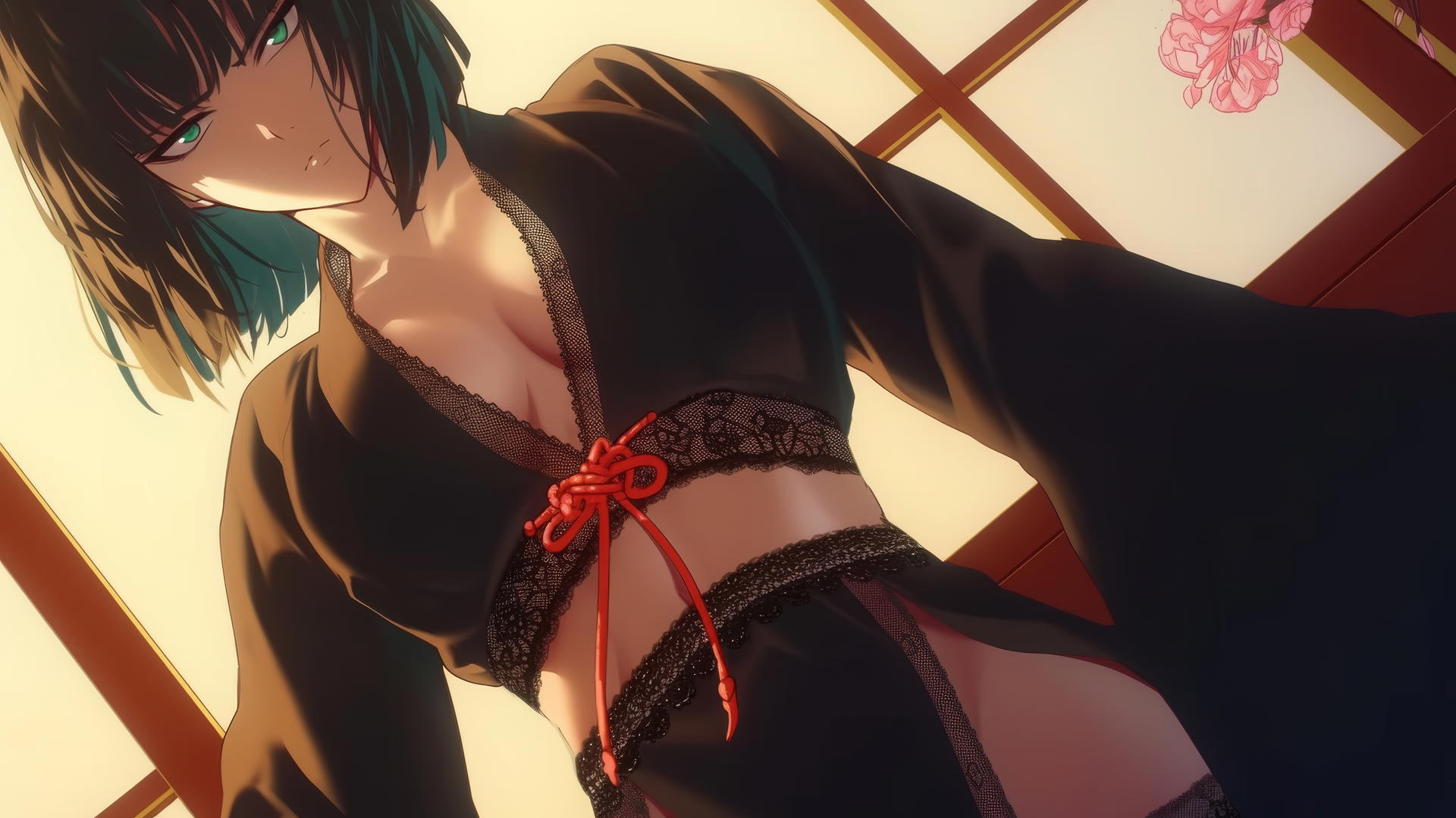 Fubuki from One Punch Man kneeling in a fancy kimono with dark green bob haircut and light green eyes, seen from below with a warm glow.