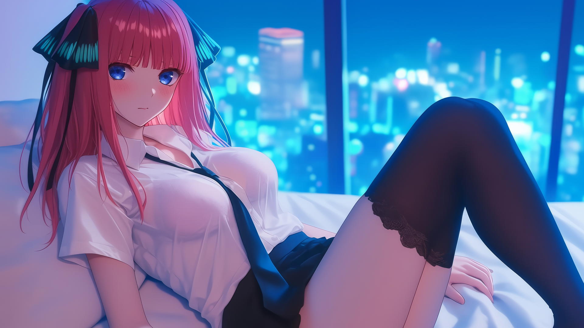 Nino Nakano in JK uniform resting in a modern hotel room, moonlight glow