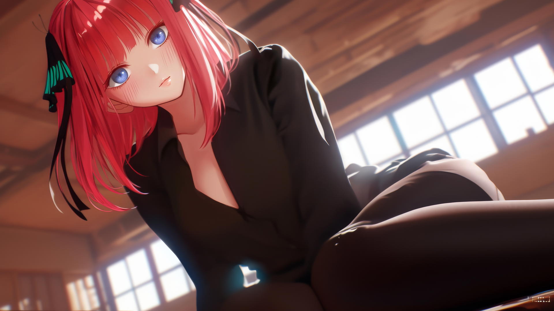 Nino Nakano in a JK uniform kneeling and leaning forward with a ceiling background.