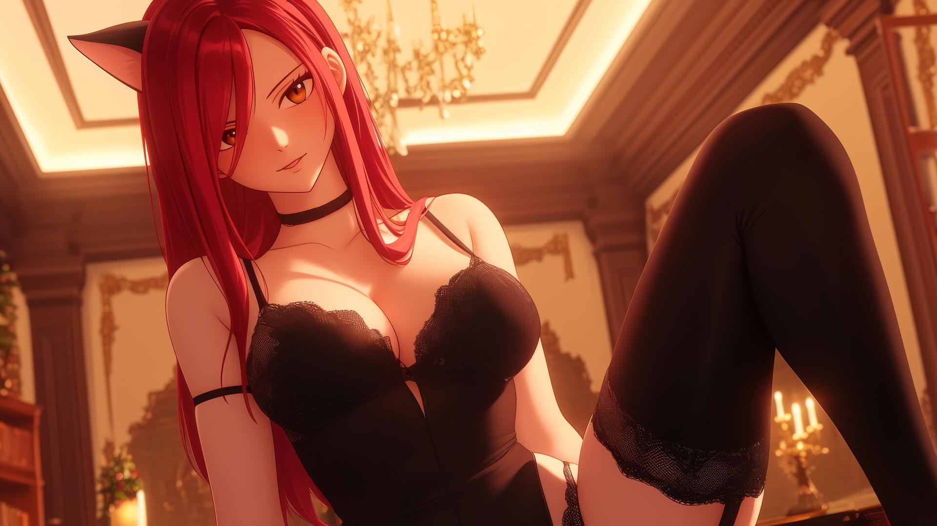 Pink cat girl Erza Scarlet with scarlet hair and brown eyes, leaning forward
