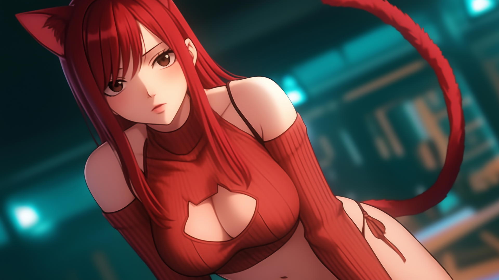 Pink cat girl Erza Scarlet kneeling and looking down with ceiling background