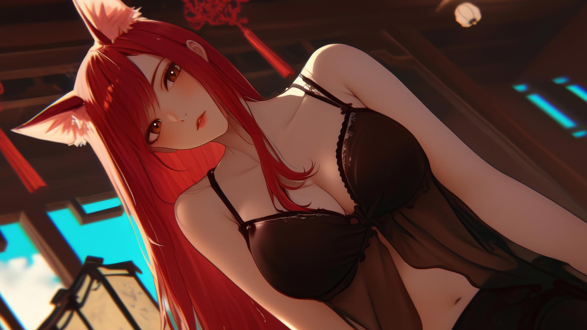 All pink cat girl with scarlet hair and brown eyes, kneeling and leaning forward, seen from below