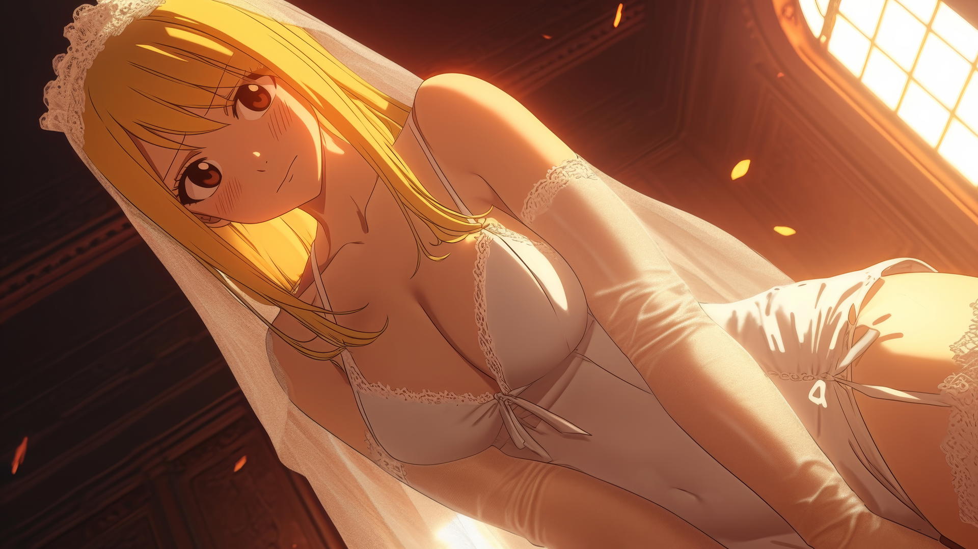 Lucy Heartfilia kneeling in a wedding dress with a warm glow, seen from below.