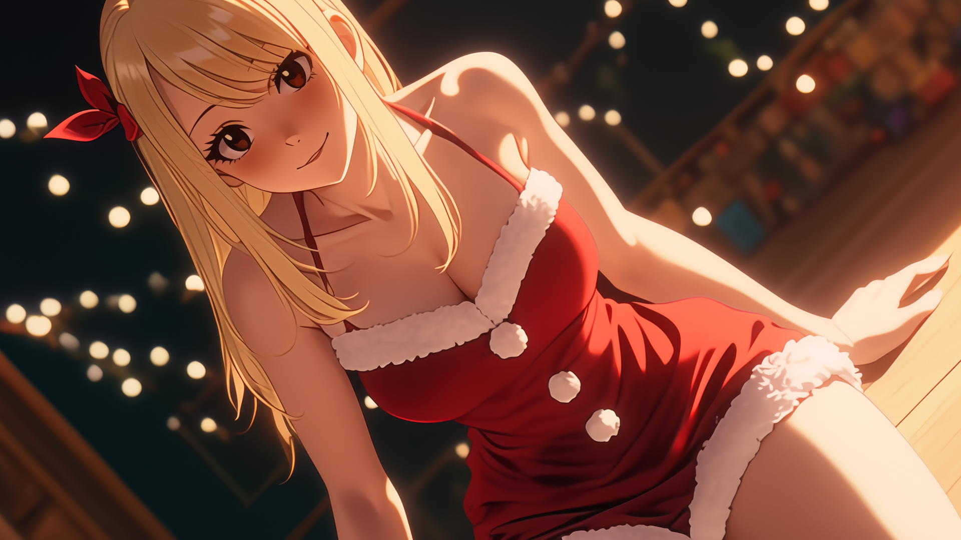 Lucy Heartfilia from Fairy Tail kneeling and leaning forward with warm light and ceiling background