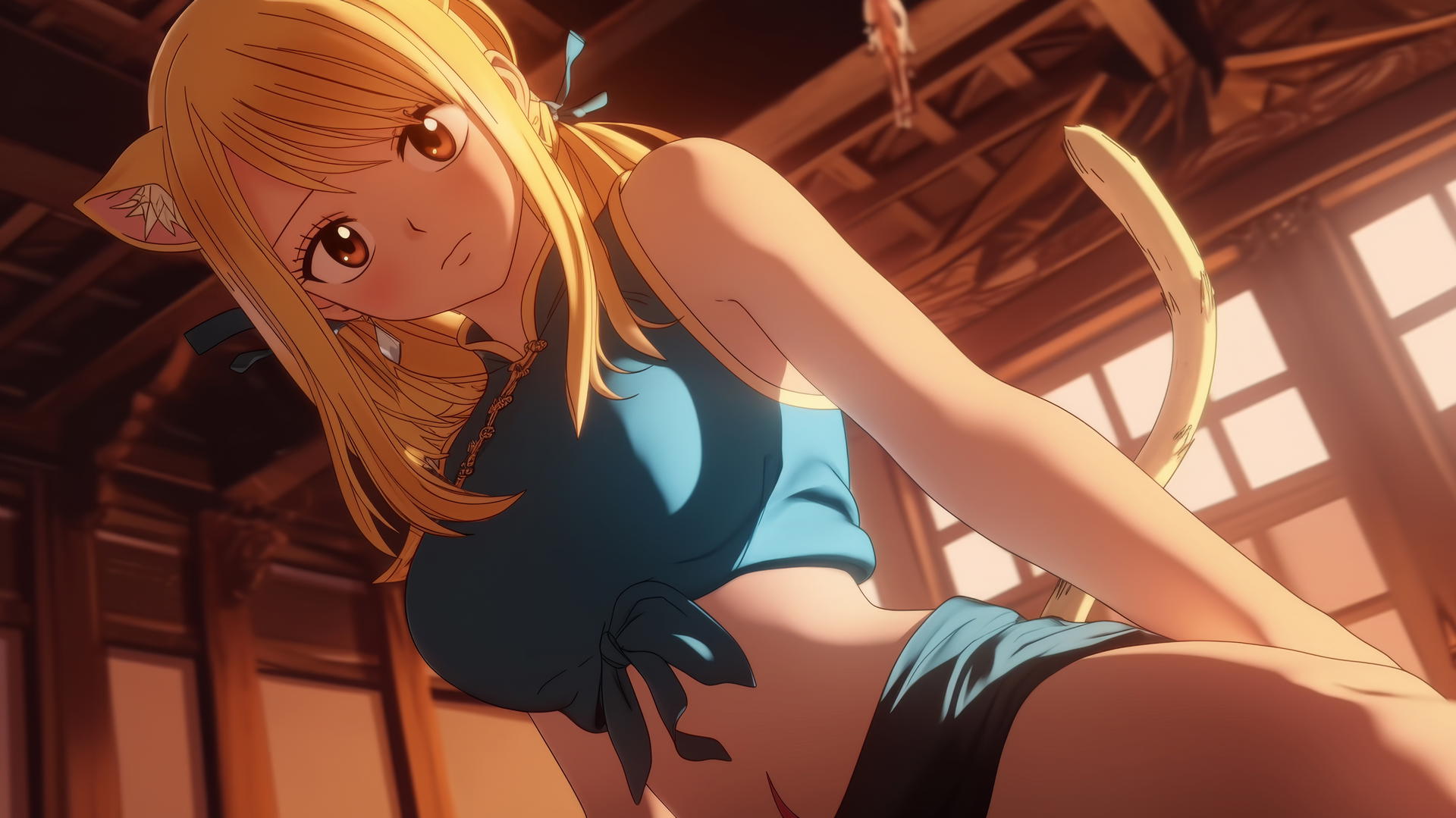 Black cat girl, resembling Lucy Heartfilia, kneeling with warm light glow