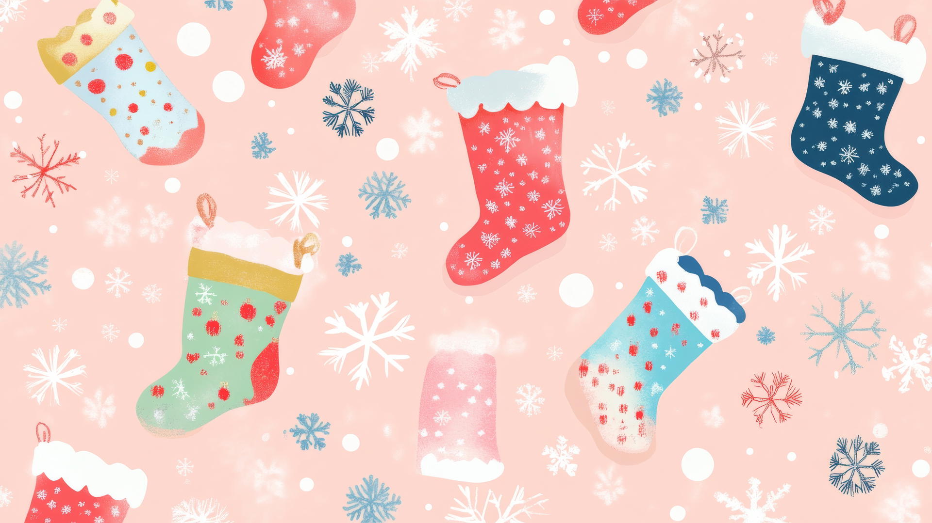 Preppy Christmas scene with pastel stockings and snowflakes on a soft pink background
