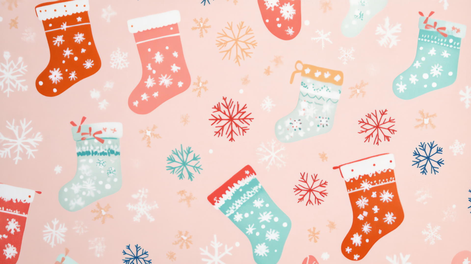 pastel preppy Christmas stockings and snowflakes on pink background