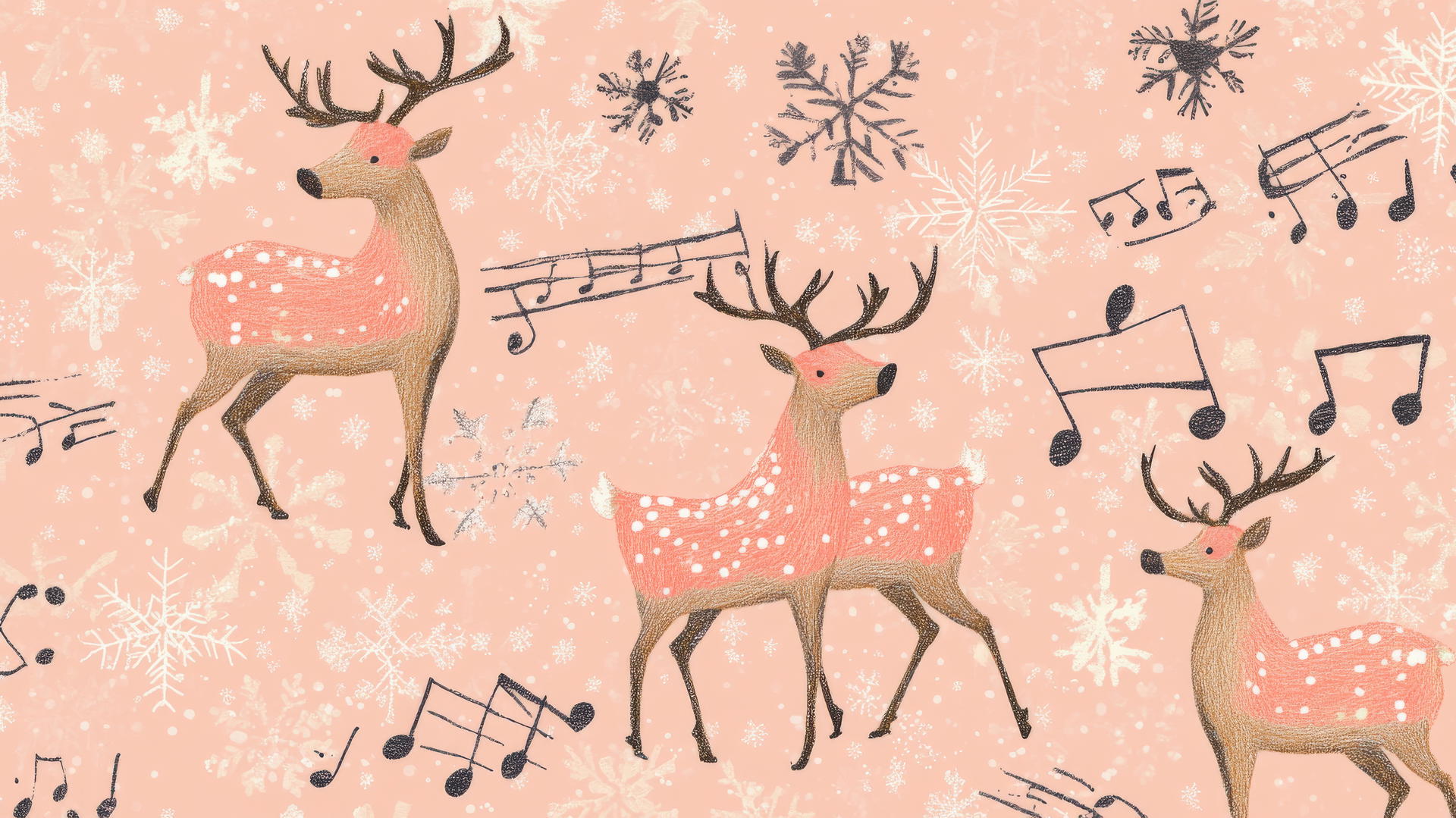 Aesthetic preppy Christmas wallpaper with musical notes, snowflakes, and reindeer on a pastel pink background.