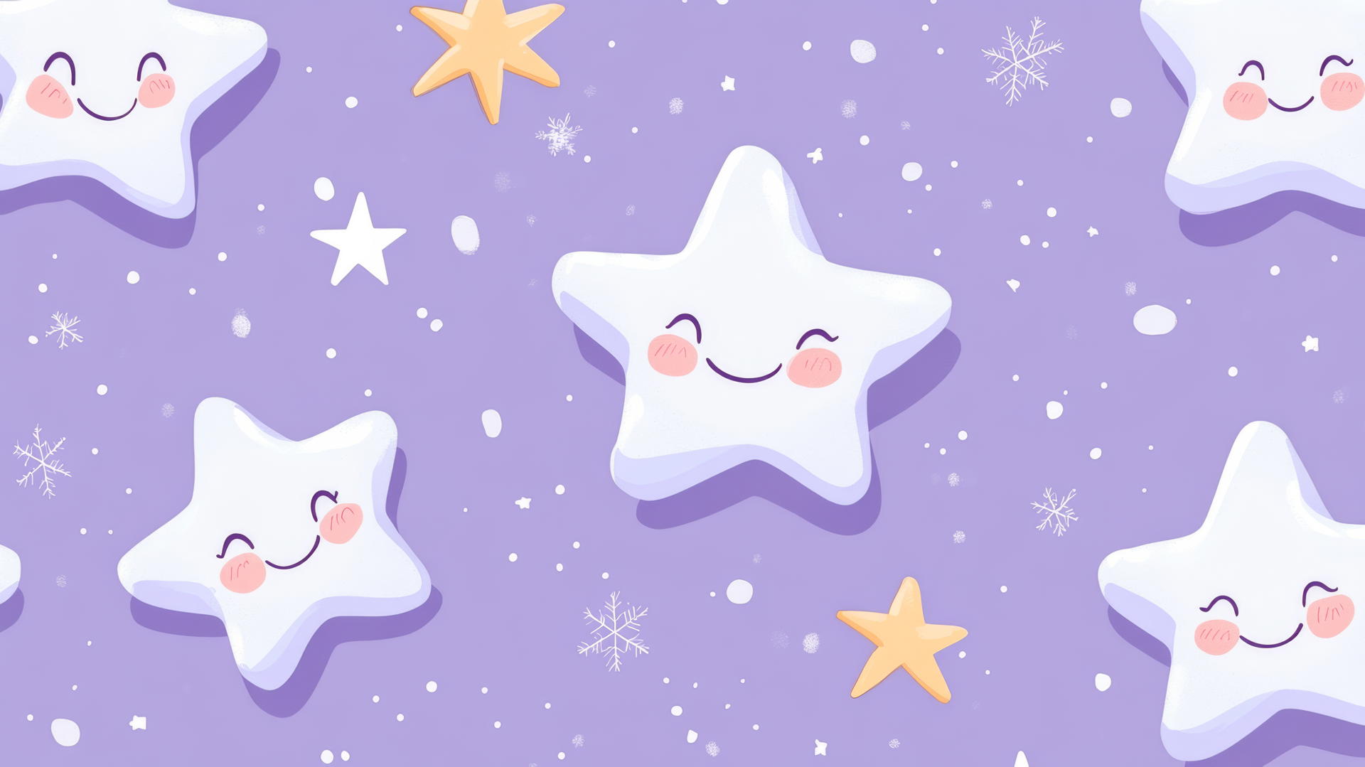 smiling snowflakes and stars on pastel purple background, aesthetic preppy Christmas wallpaper