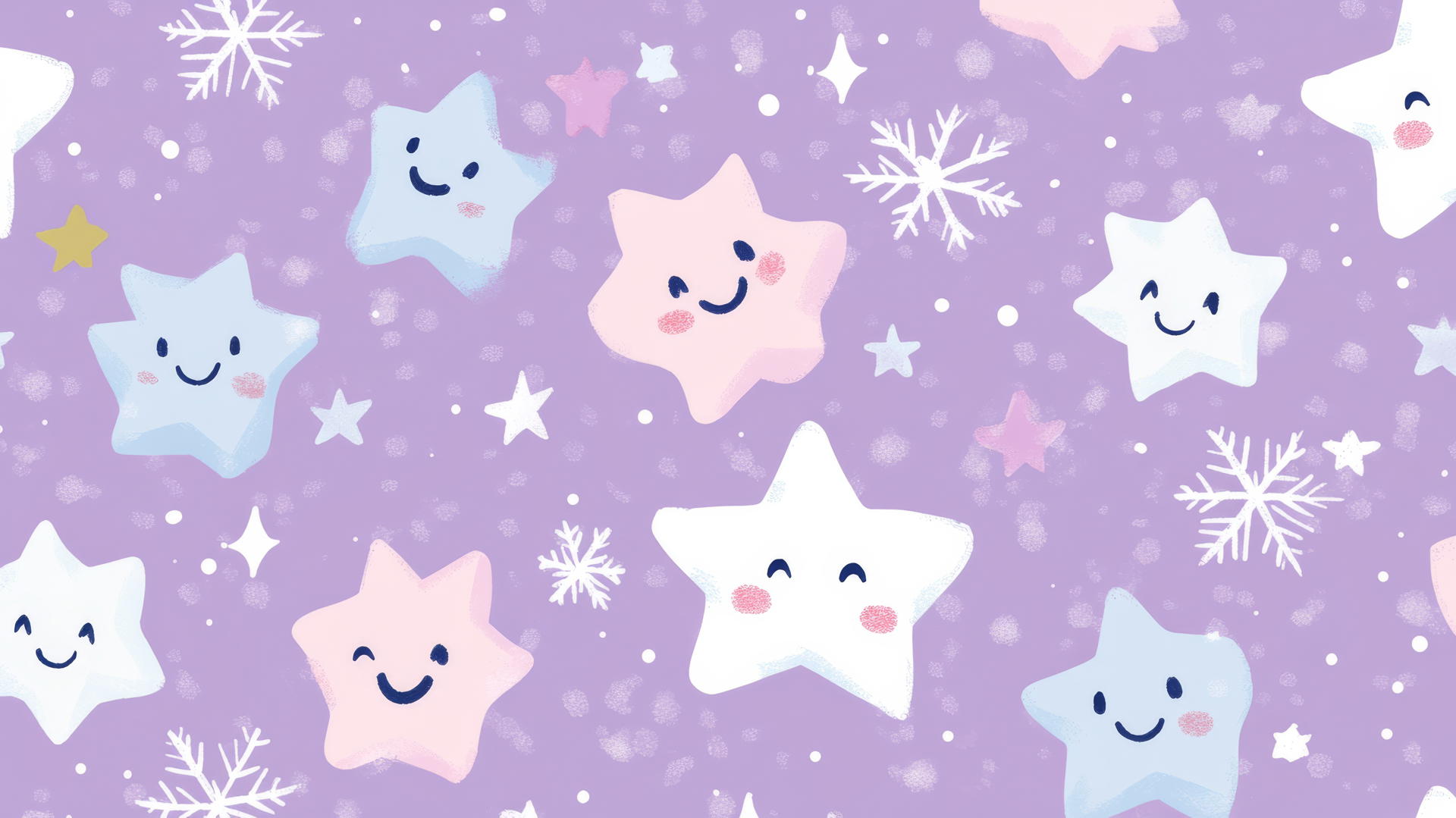 aesthetic preppy Christmas wallpaper with smiling snowflakes and stars on pastel purple background